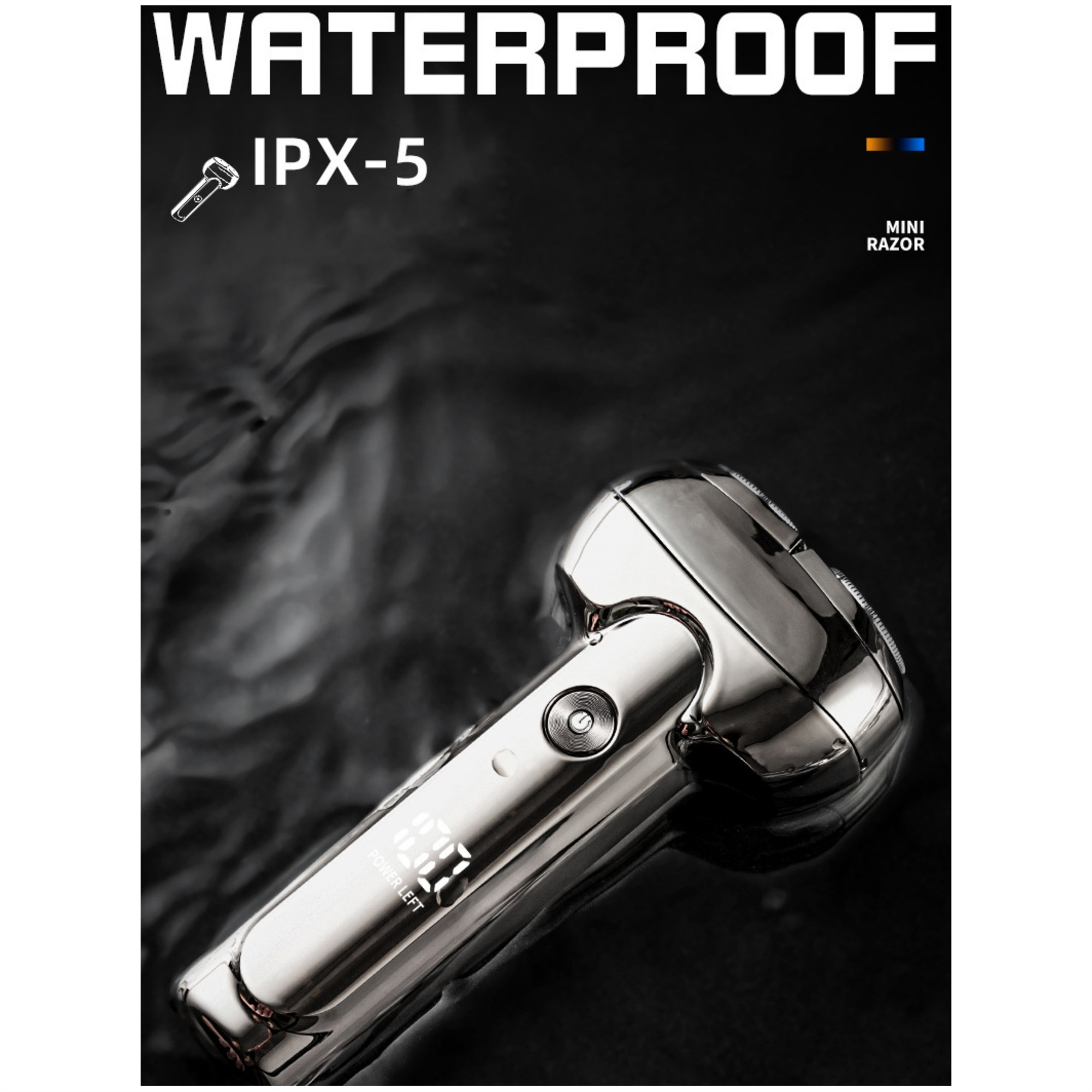 Silberner wasserdichter Mini-Rasierer mit LCD-Bildschirm, Text: 'Waterproof IPX-5'.