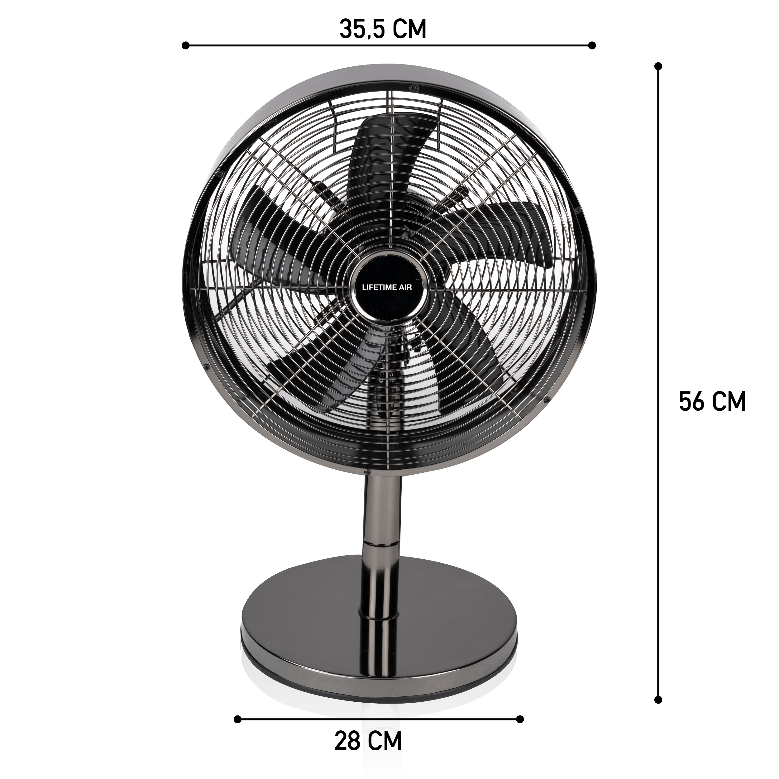 Ventilateur métallique noir. Base ronde avec support, ventilateur circulaire à pales.