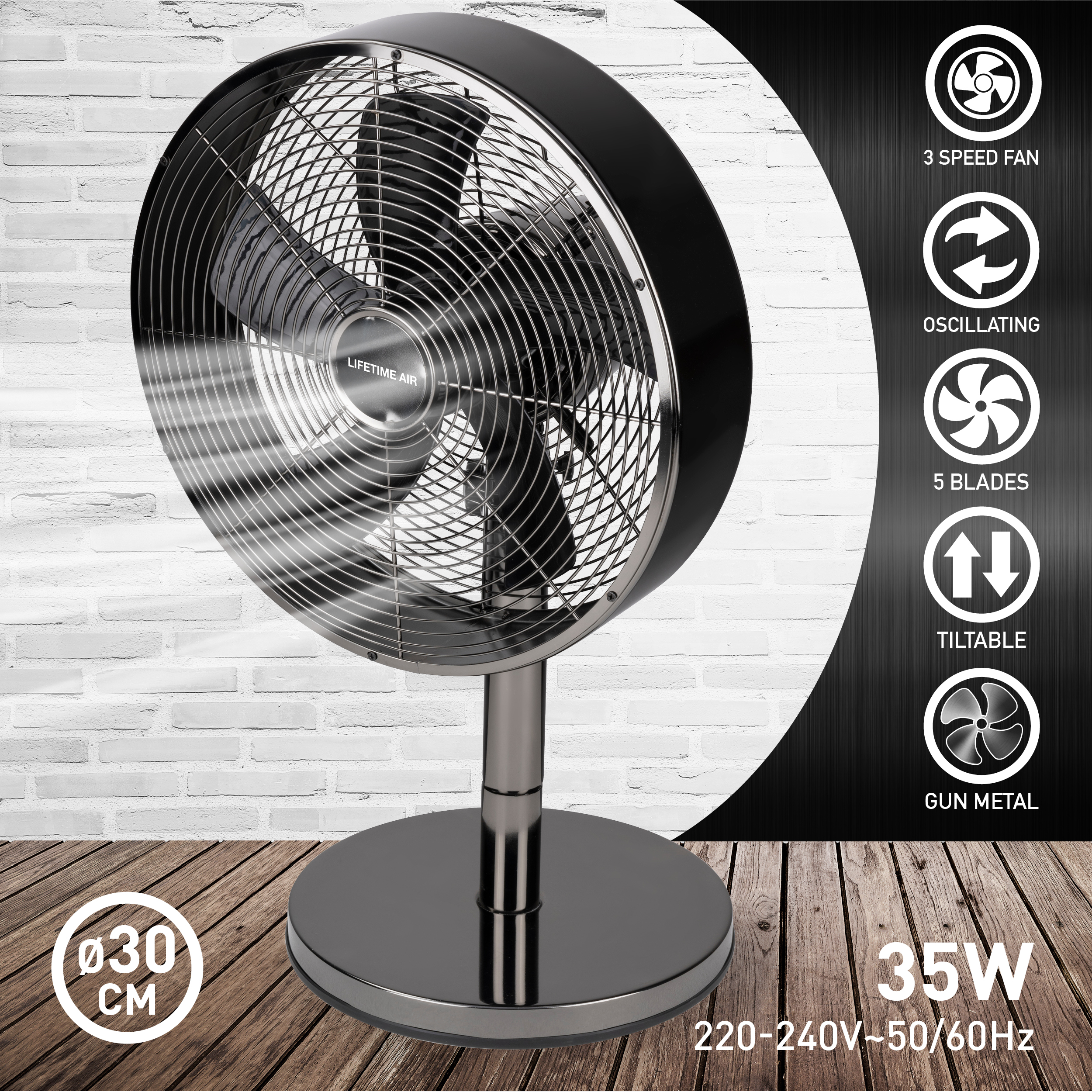 Ventilateur noir et argenté sur pied. Caractéristiques : 3 vitesses, oscillation et 5 pales.