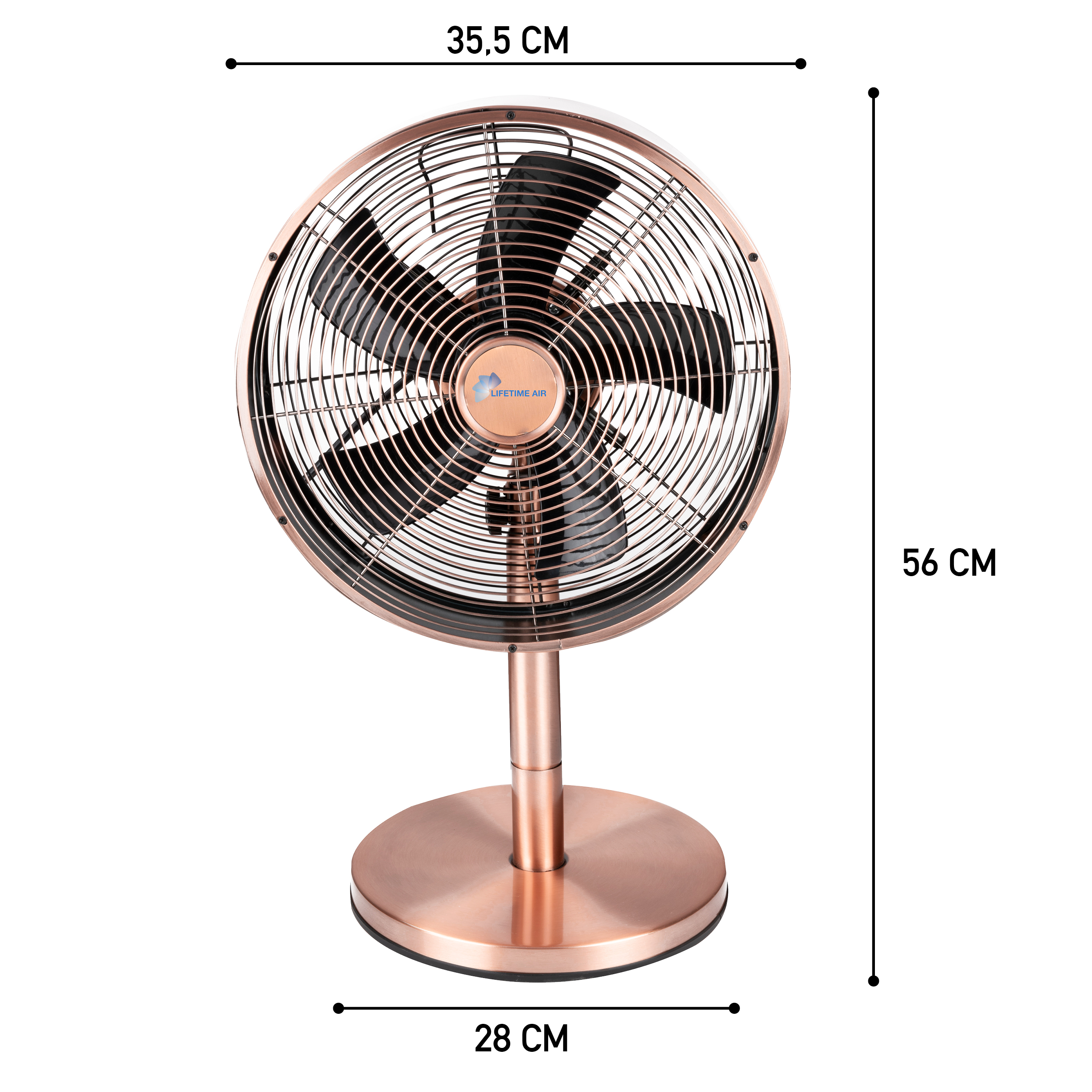Ventilateur bronze sur pied, avec dimensions indiquées.