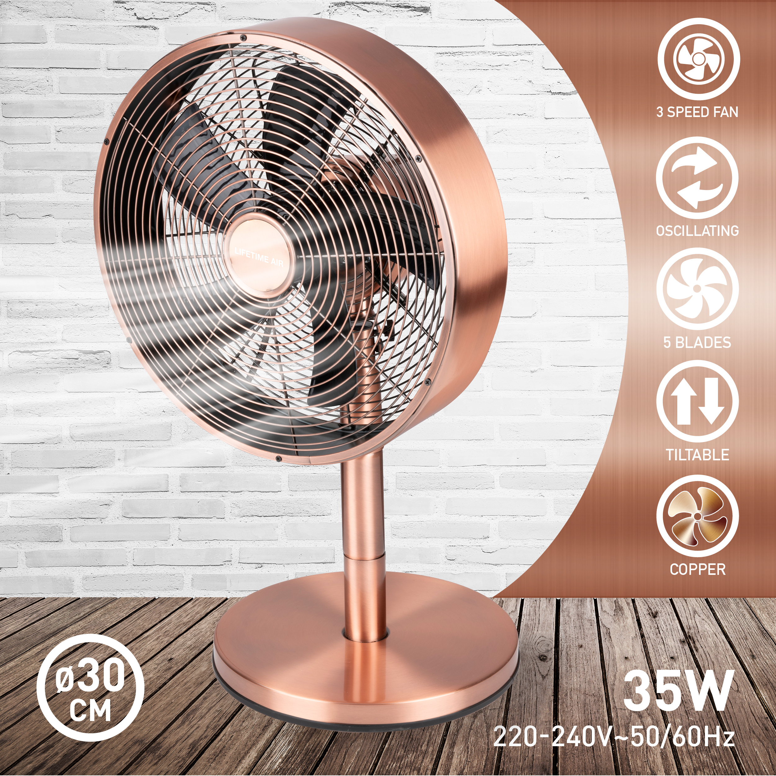 Ventilateur or rose avec pales, 3 vitesses et fonction oscillante.