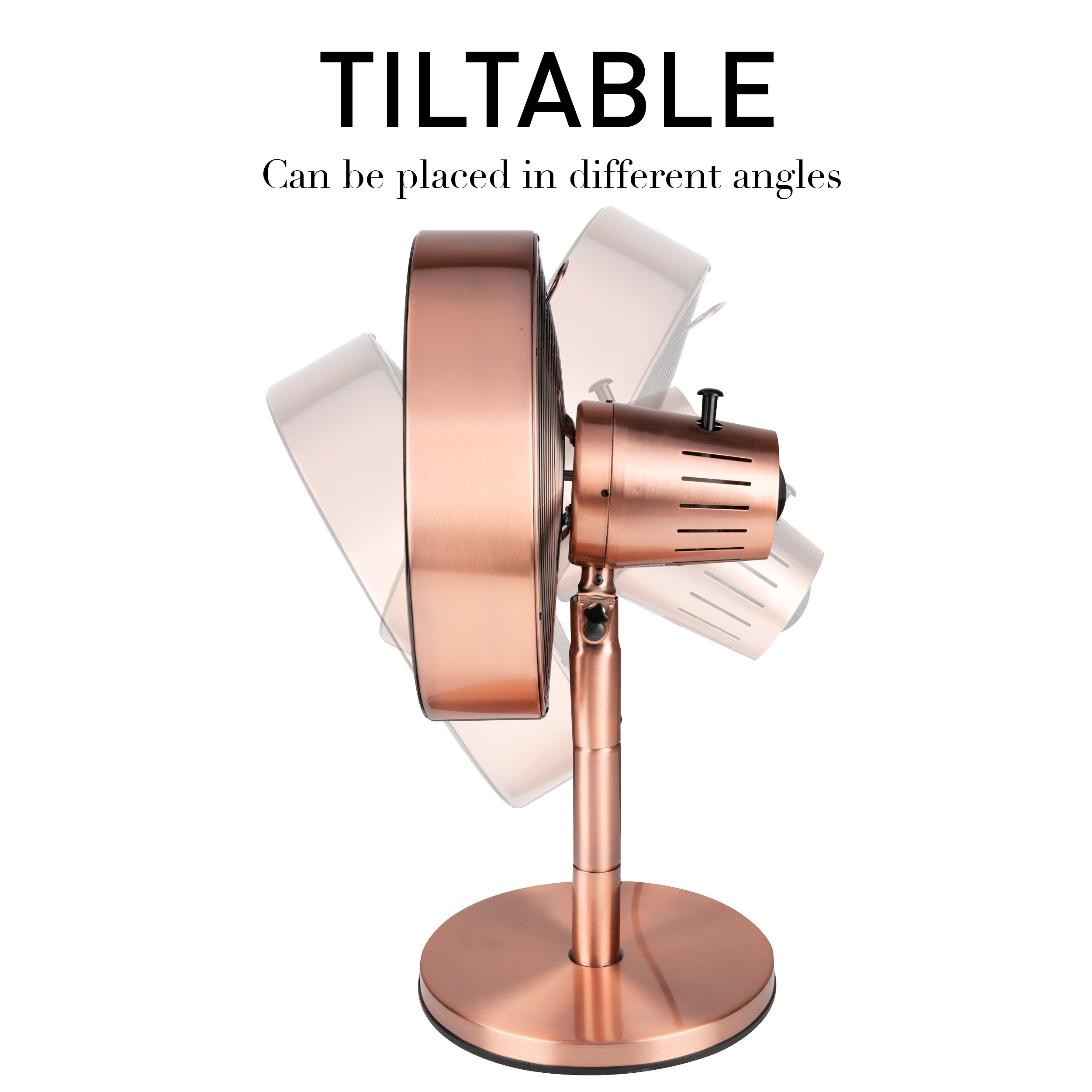 Ventilateur rétro en bronze sur blanc. Inclinable. Plusieurs angles montrent le mouvement.