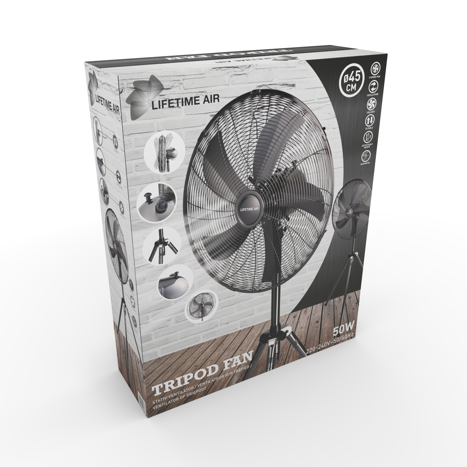 Boîte avec dessin de ventilateur. Texte du ventilateur sur trépied et icônes.