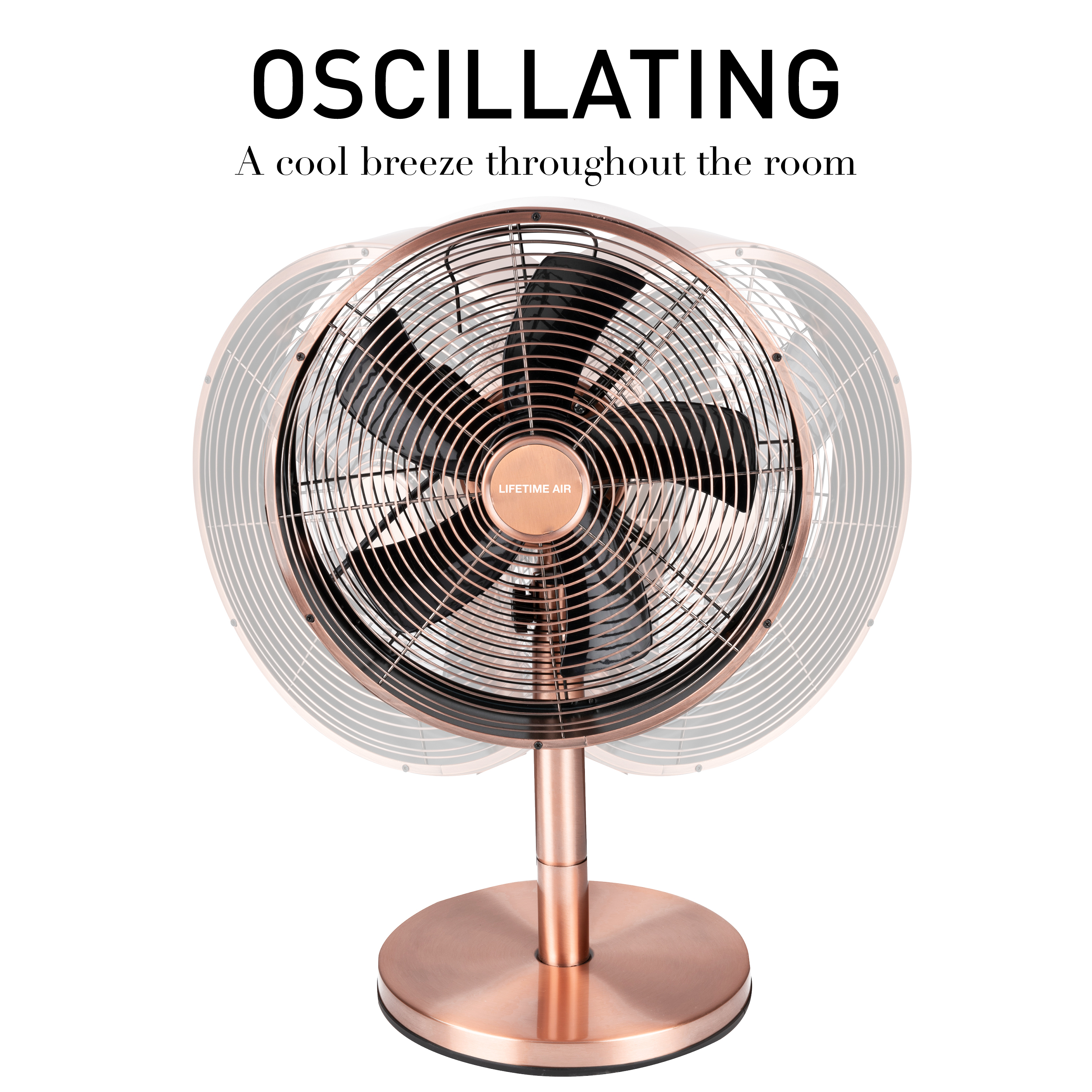 Un ventilateur oscillant or rose sur un pied avec une base circulaire. Le fond est blanc.