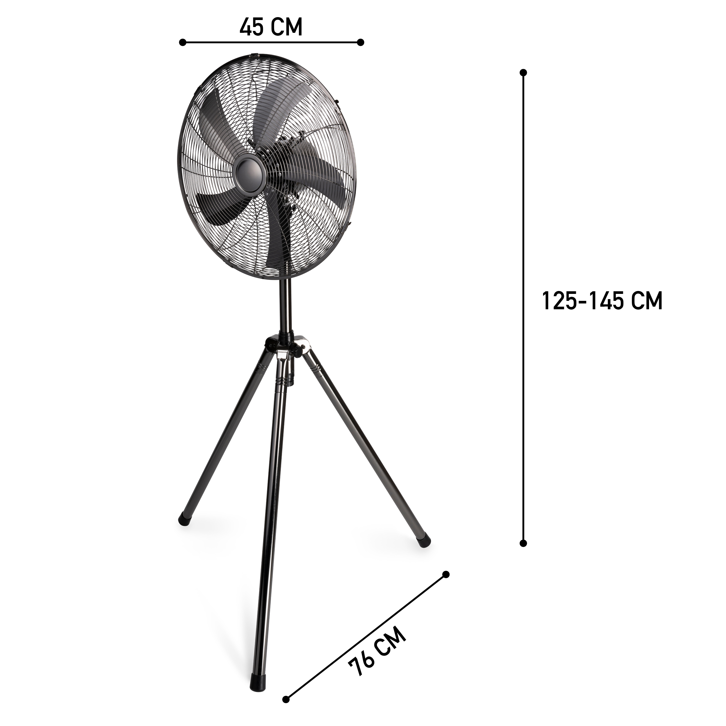 Ventilateur sur pied noir avec dimensions étiquetées en centimètres.