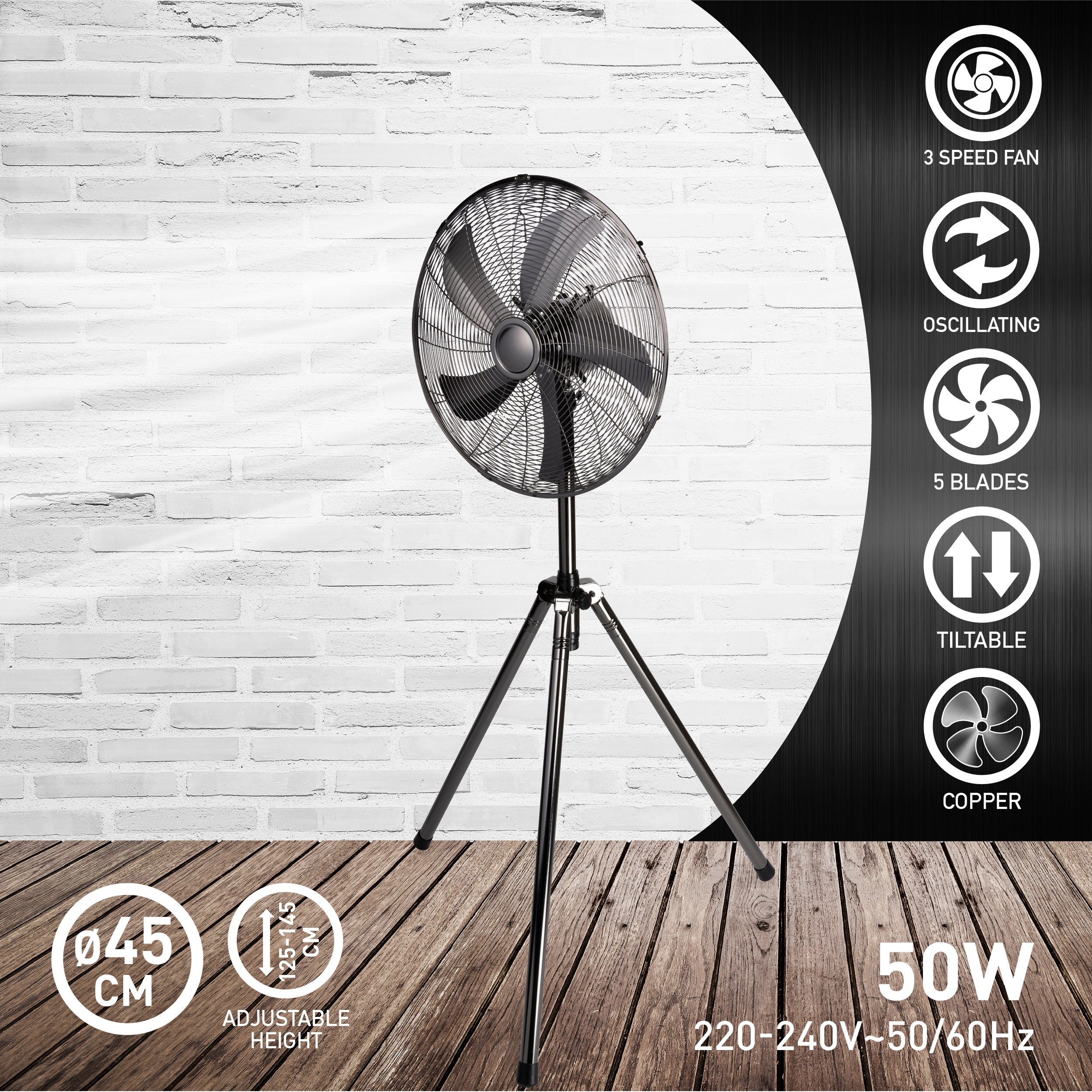 Ventilateur industriel noir sur trépied. 3 vitesses, oscillant, 5 pales, inclinable, cuivre.