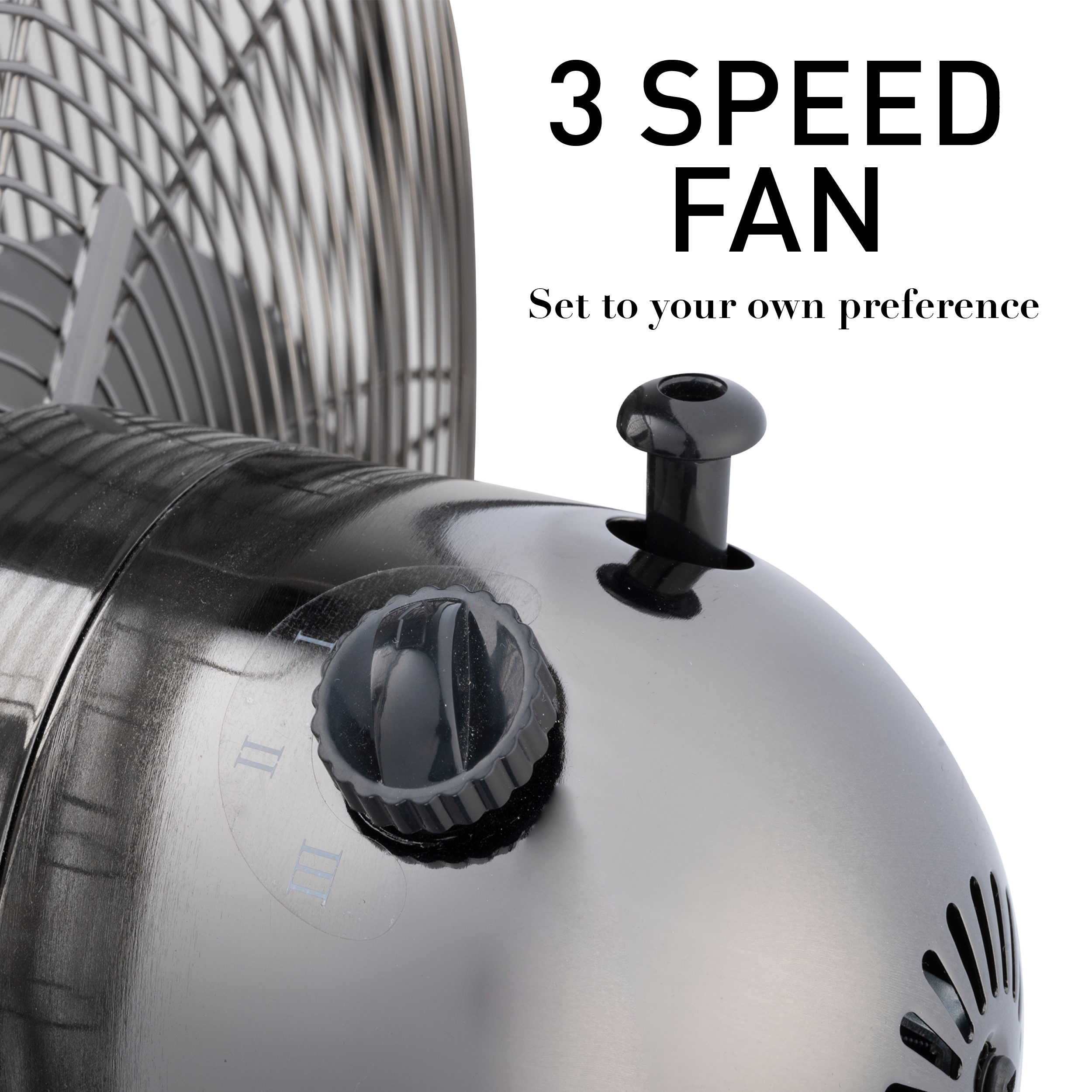 Gros plan d'un ventilateur à 3 vitesses avec un cadran pour les réglages de vitesse.