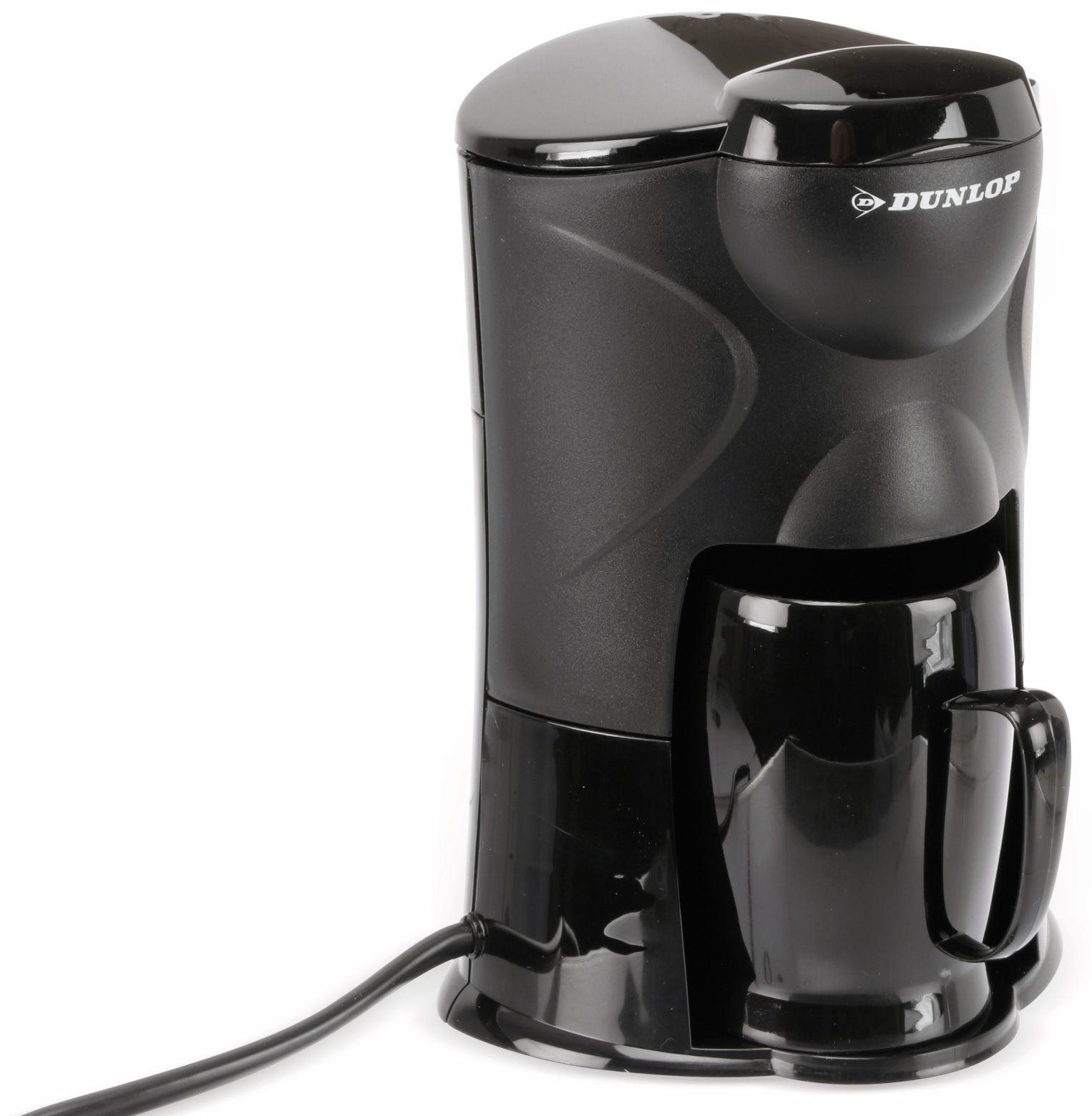 A black Dunlop coffee maker with a black mug.