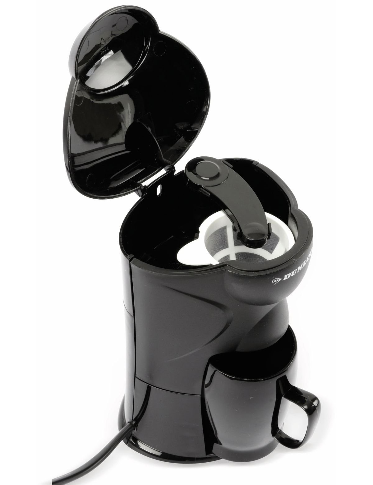 Black coffee maker with an open lid, showing the brewing components.