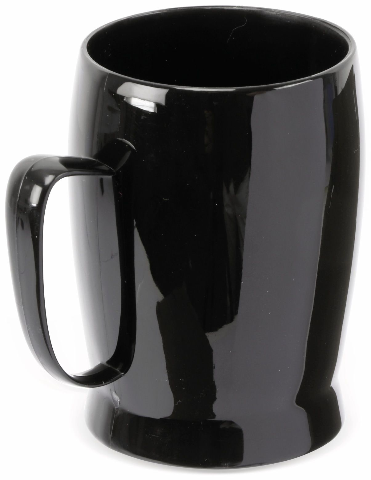 Black beer mug with a handle, on a white background. The mug is shiny.