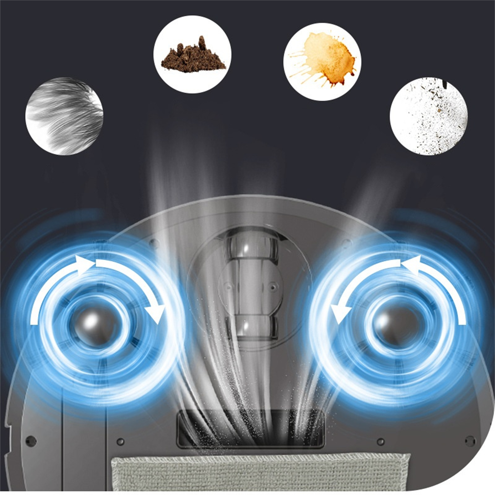 Roboter-Staubsauger mit Reinigungspfaden und Schmutzsymbolen, die Reinigungsfähigkeiten hervorheben.