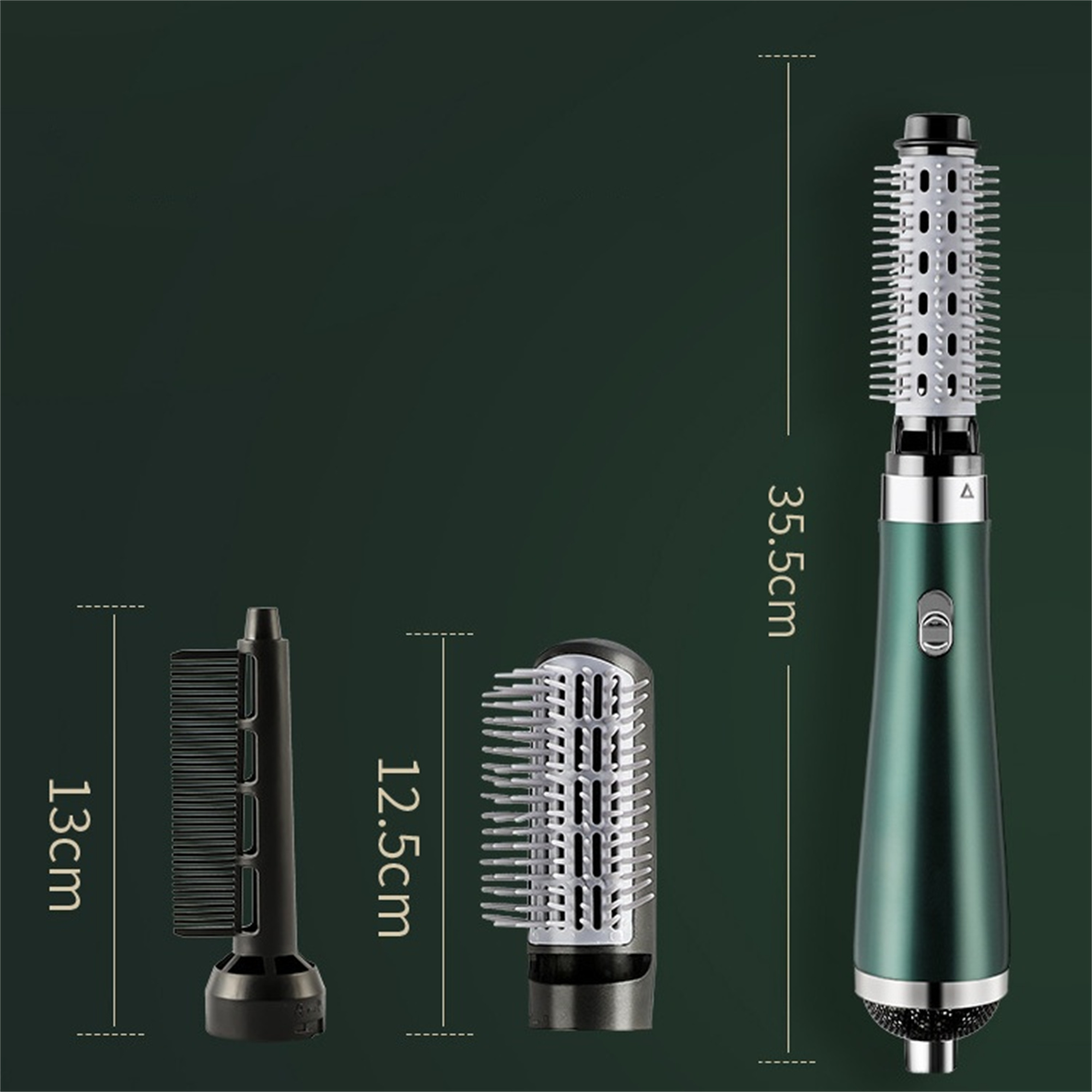 Haarstyling-Werkzeuge auf grünem Hintergrund. Enthält einen Kamm, eine Bürste und ein Styling-Werkzeug. Abmessungen sind angegeben.