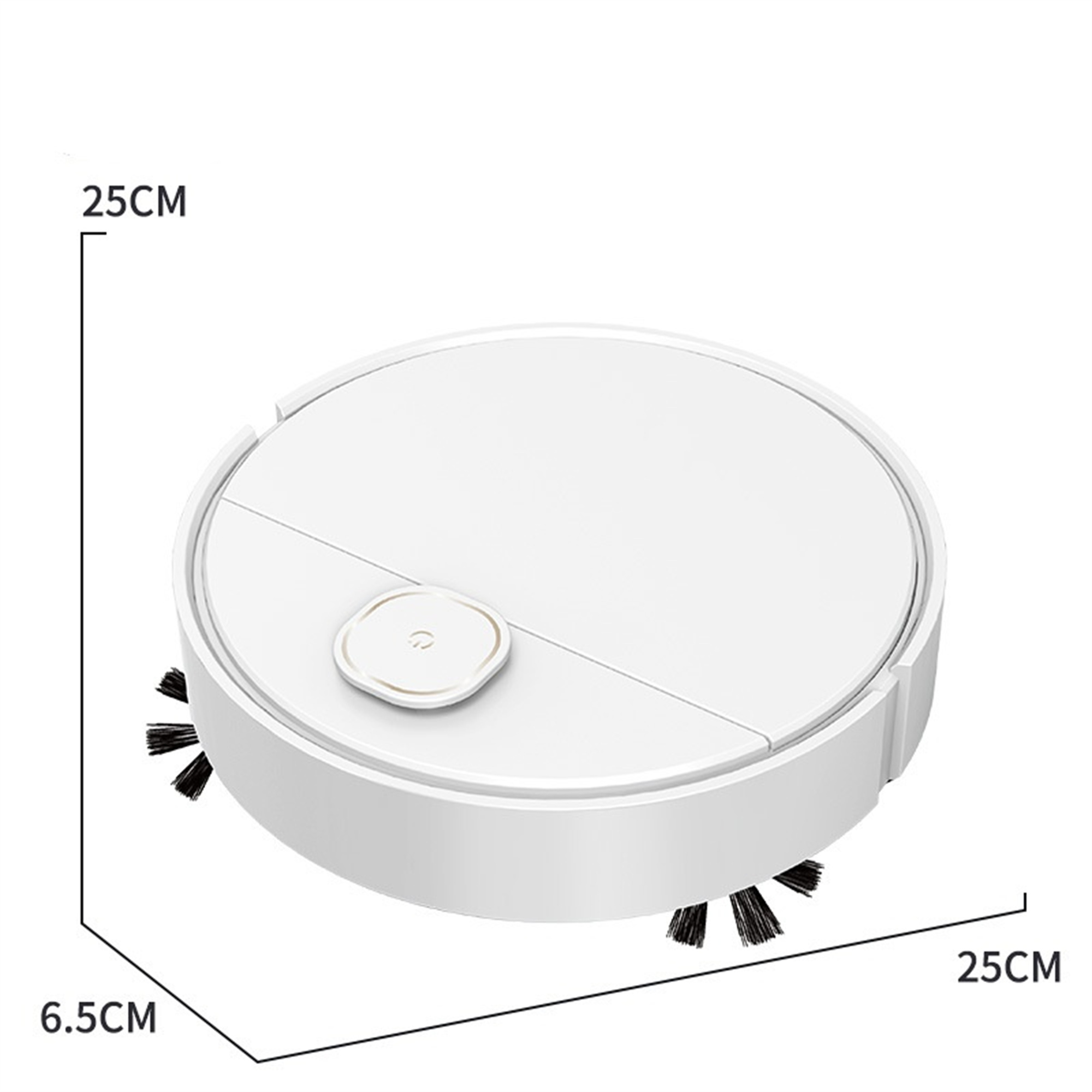 Weißer Roboter-Staubsauger mit Bürsten und beschrifteten Abmessungen.