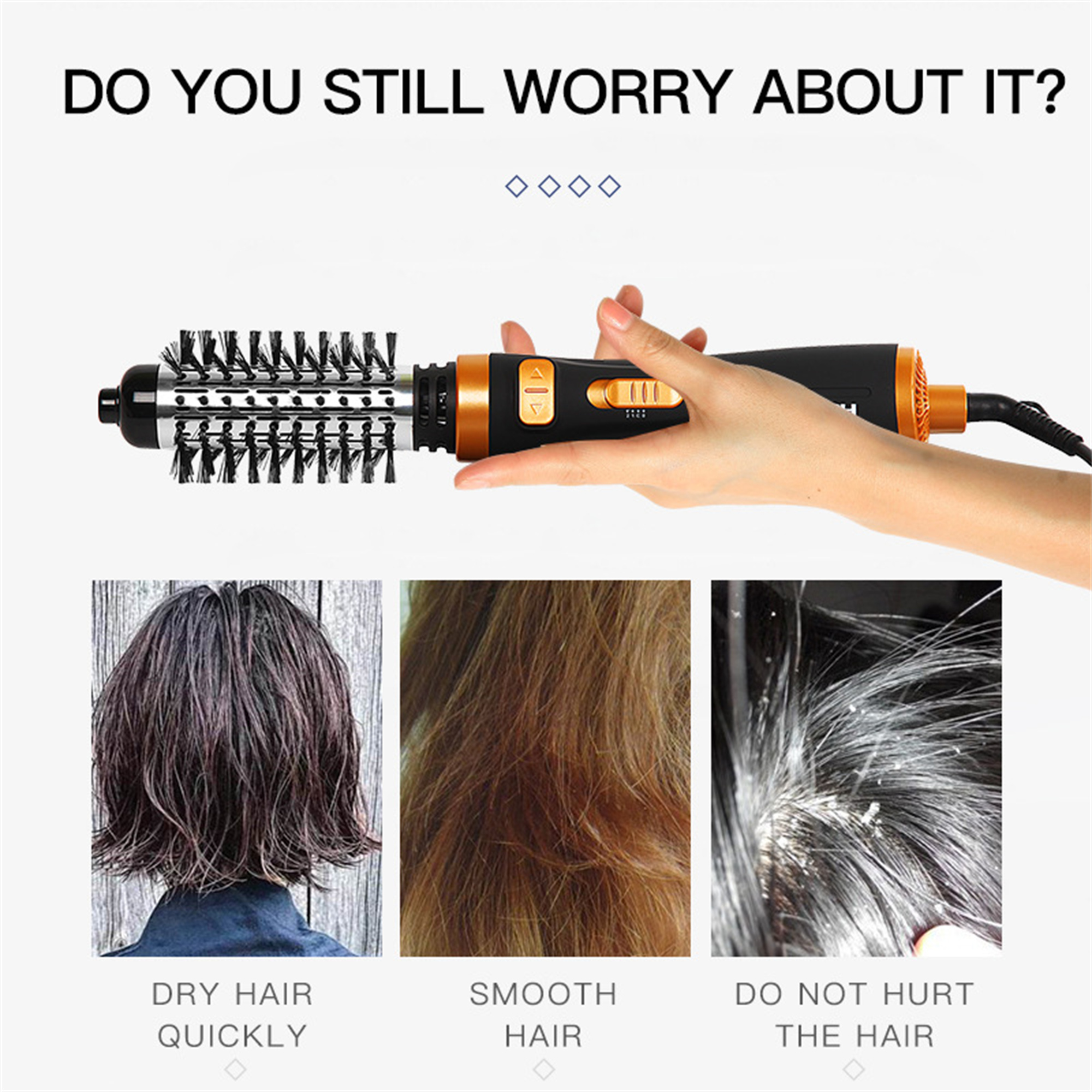 Ein Haartrockner in einer Hand, mit Bildern von trockenem, glattem und ungesundem Haar darunter.