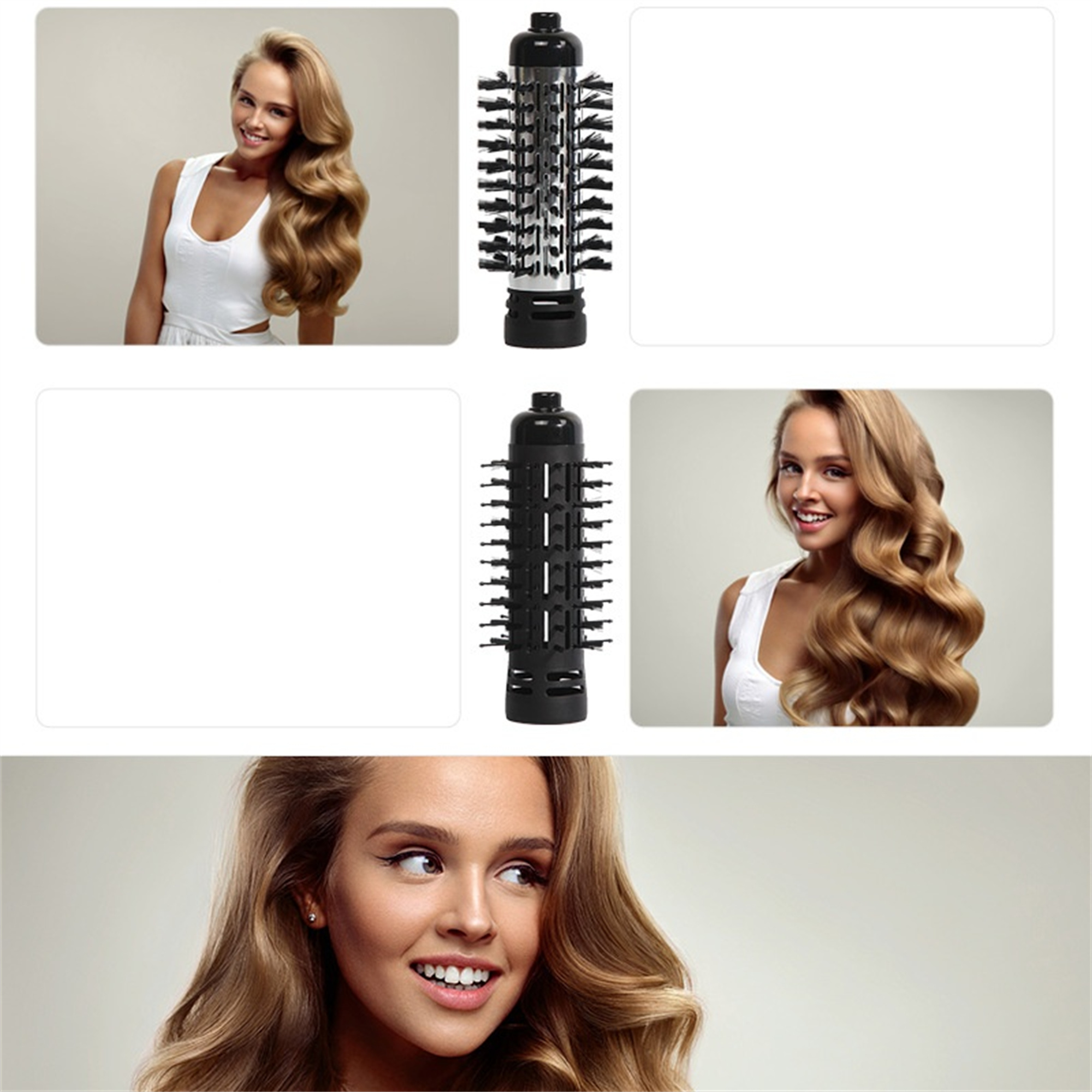 Eine Frau mit langen, welligen Haaren und einem Haarstyling-Werkzeug. Mehrere Bilder zeigen Styling-Schritte. Der Hintergrund ist hell.