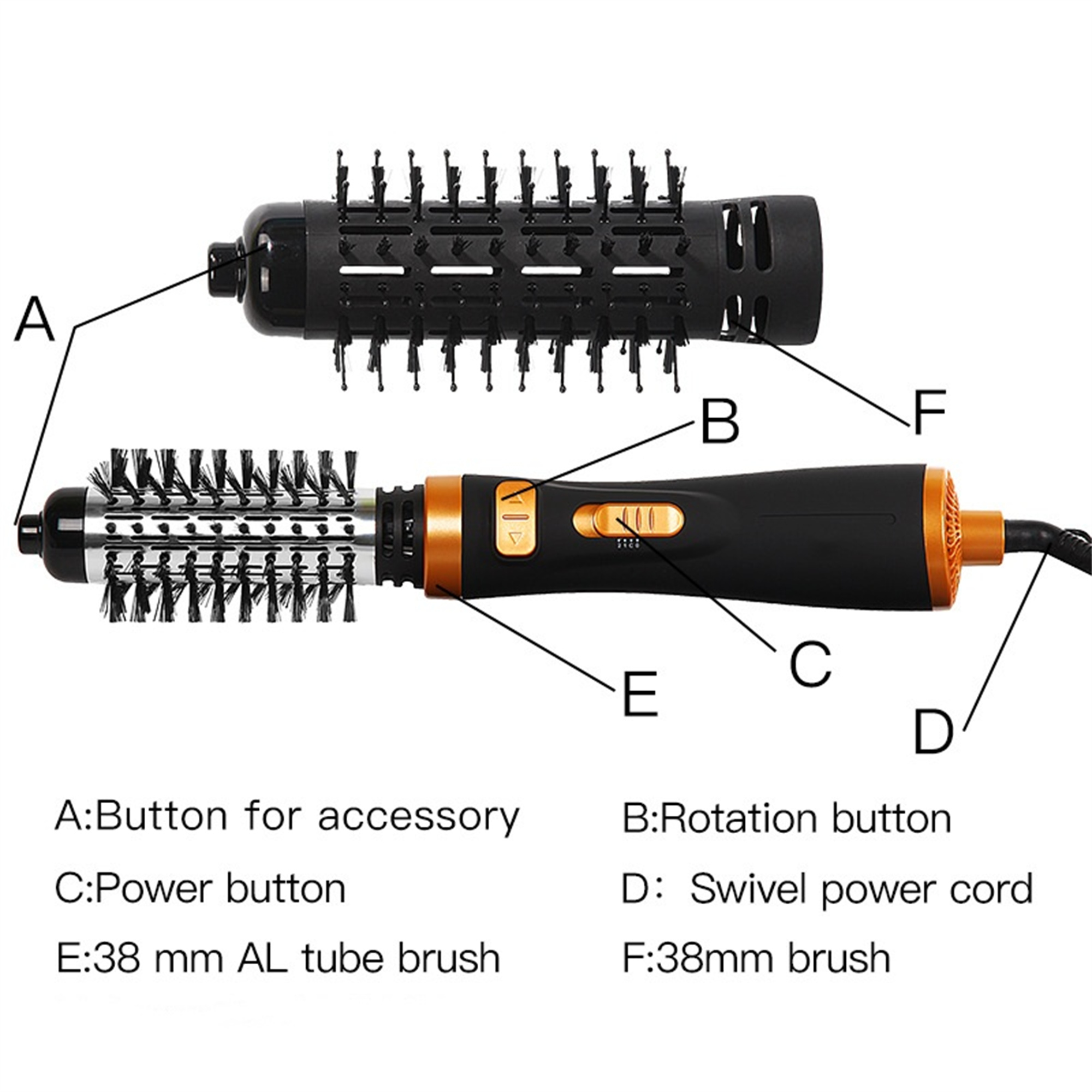 Haarstyler mit zwei Bürstenaufsätzen, schwarzem Griff und orangefarbenen Akzenten.