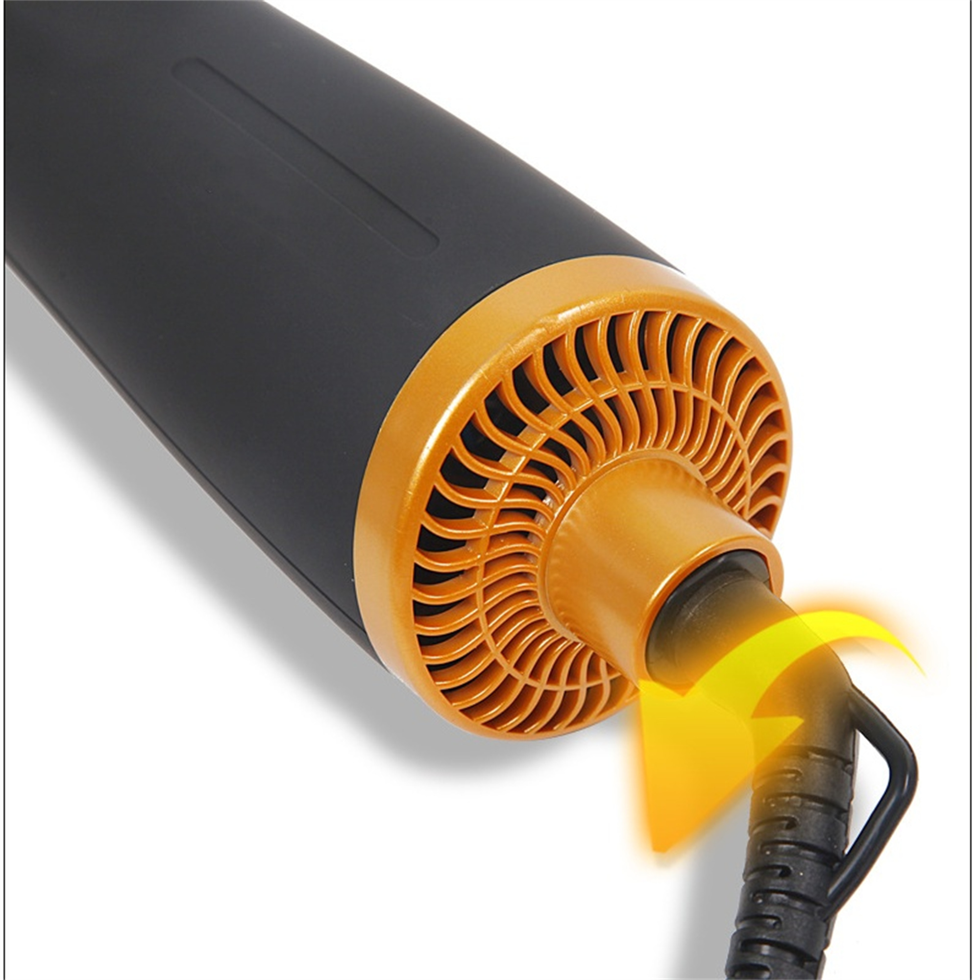 Schwarzer und goldener Haartrockner, Nahaufnahme der Düse mit orangefarbenem Pfeil.