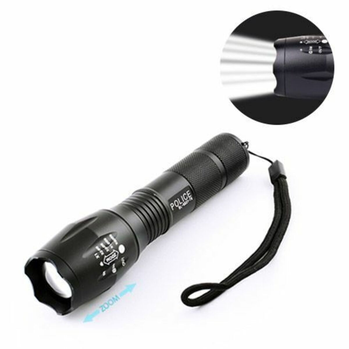 Schwarze Taschenlampe mit Zoomfunktion. Ein Lichtstrahl wird auf weißem Hintergrund projiziert.