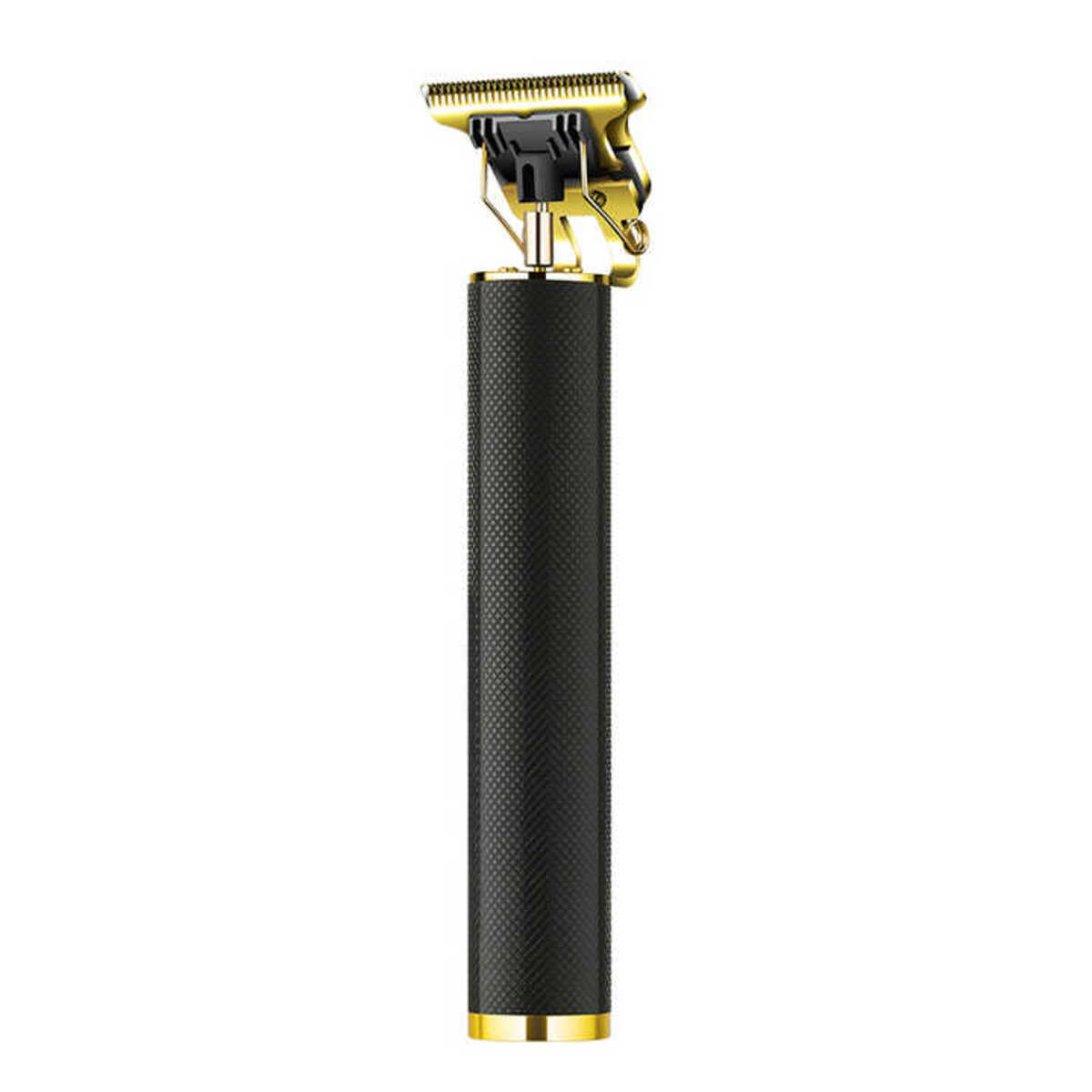 Ein goldener und schwarzer Haarschneider steht aufrecht.