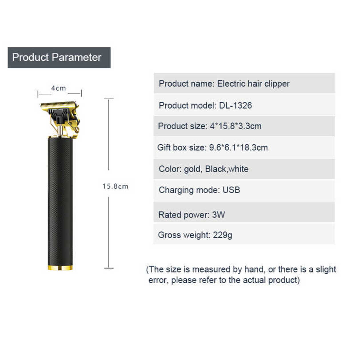 Elektrischer Haarschneider mit Produktdetailangaben. Gold und schwarz.