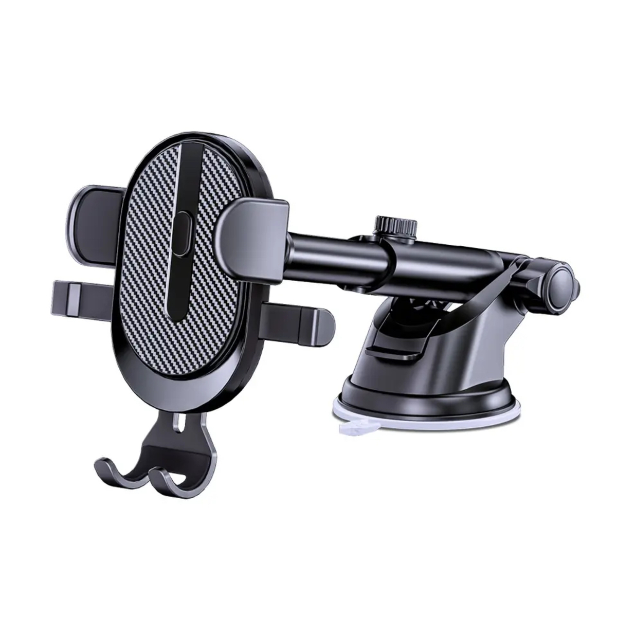 Ein schwarzer Autotelefonhalter mit Kohlefaserdesign, befestigt an einem Saugnapf.