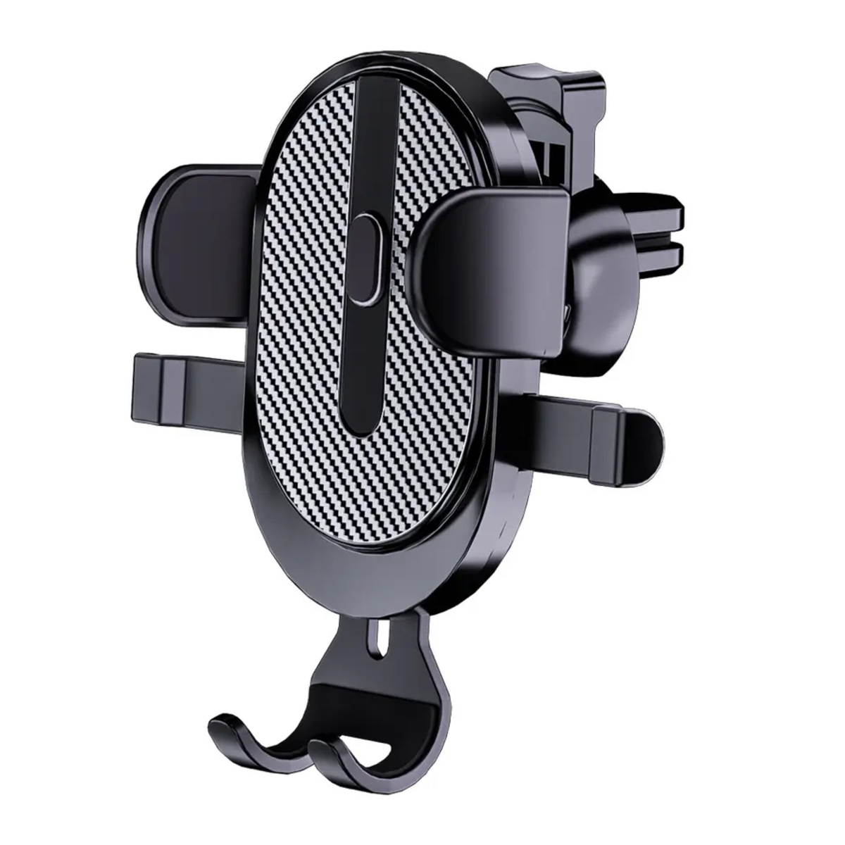 Schwarzer Autotelefonhalter mit Karbonfaser-Design in der Mitte. Es hat Clips, um das Telefon zu halten.