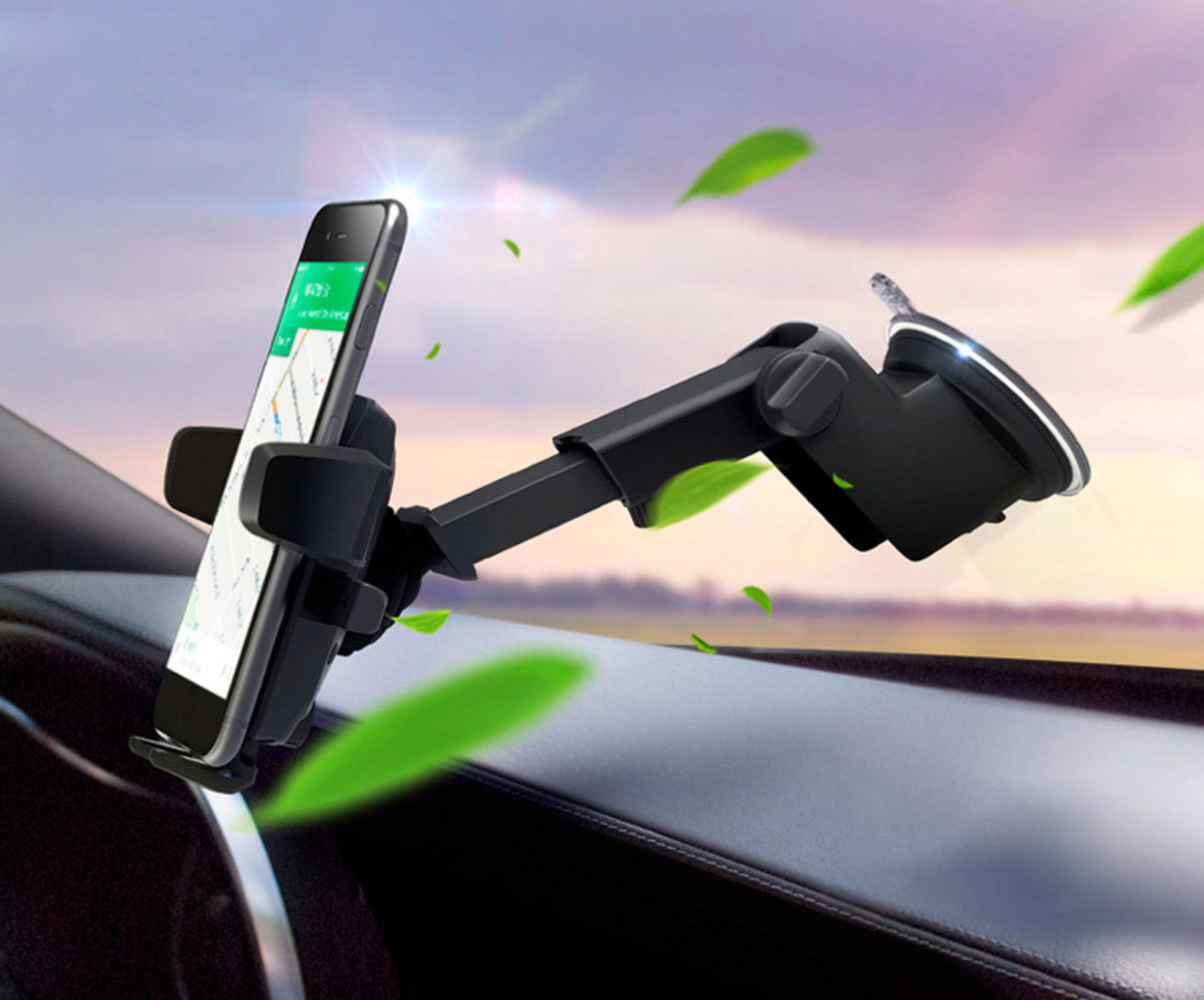 Kfz-Telefonhalter mit einem Telefon, das eine Navigations-App zeigt, an der Windschutzscheibe befestigt.