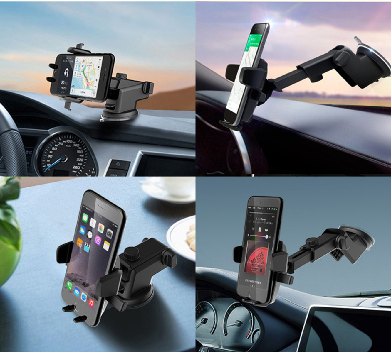 Vier Bilder von Telefonhaltern in Autos mit Telefonen, die Navigation oder Apps anzeigen.