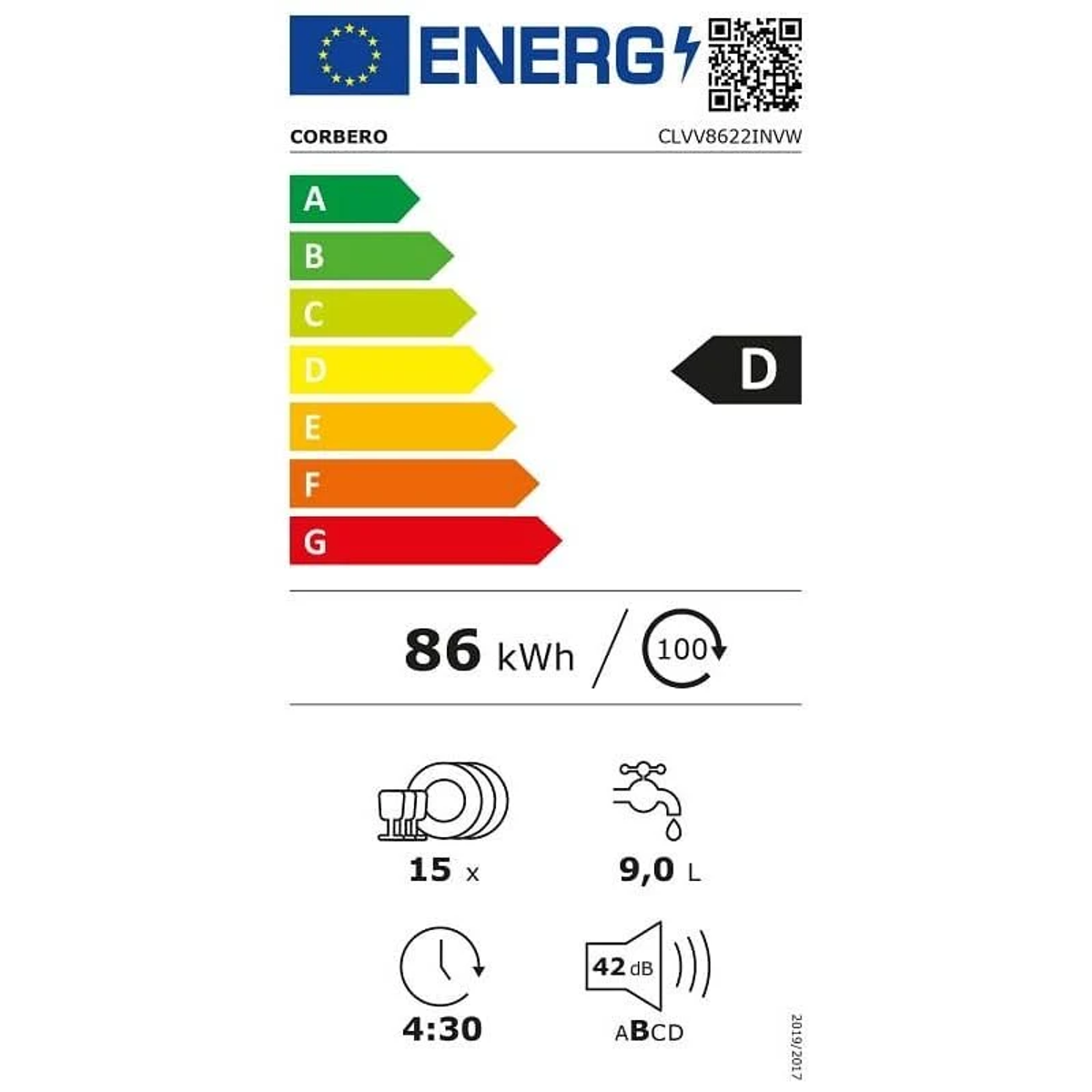 Etiqueta energética para un lavavajillas que muestra la clase de eficiencia energética D.