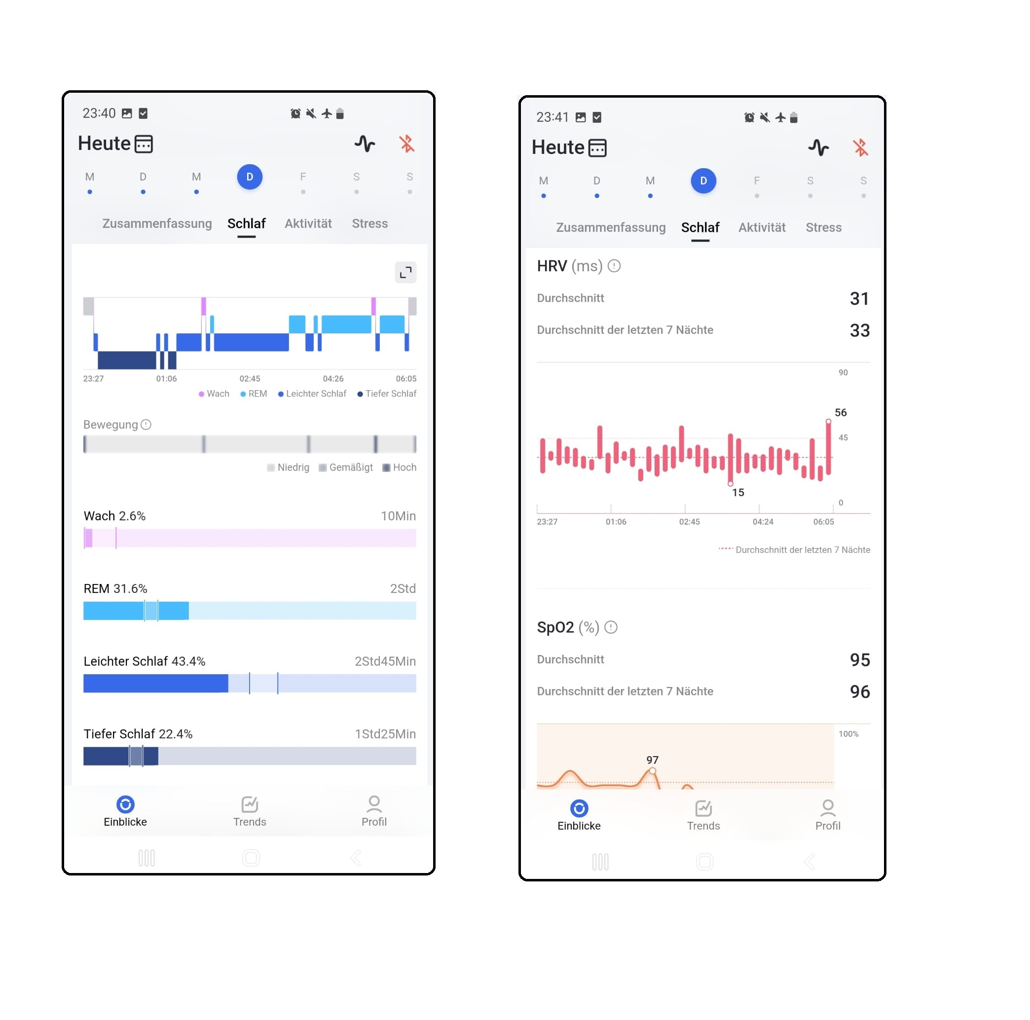 Zwei Screenshots einer Gesundheits-App, die Schlafdaten, einschließlich Phasen und Herzfrequenzvariabilität, anzeigen.
