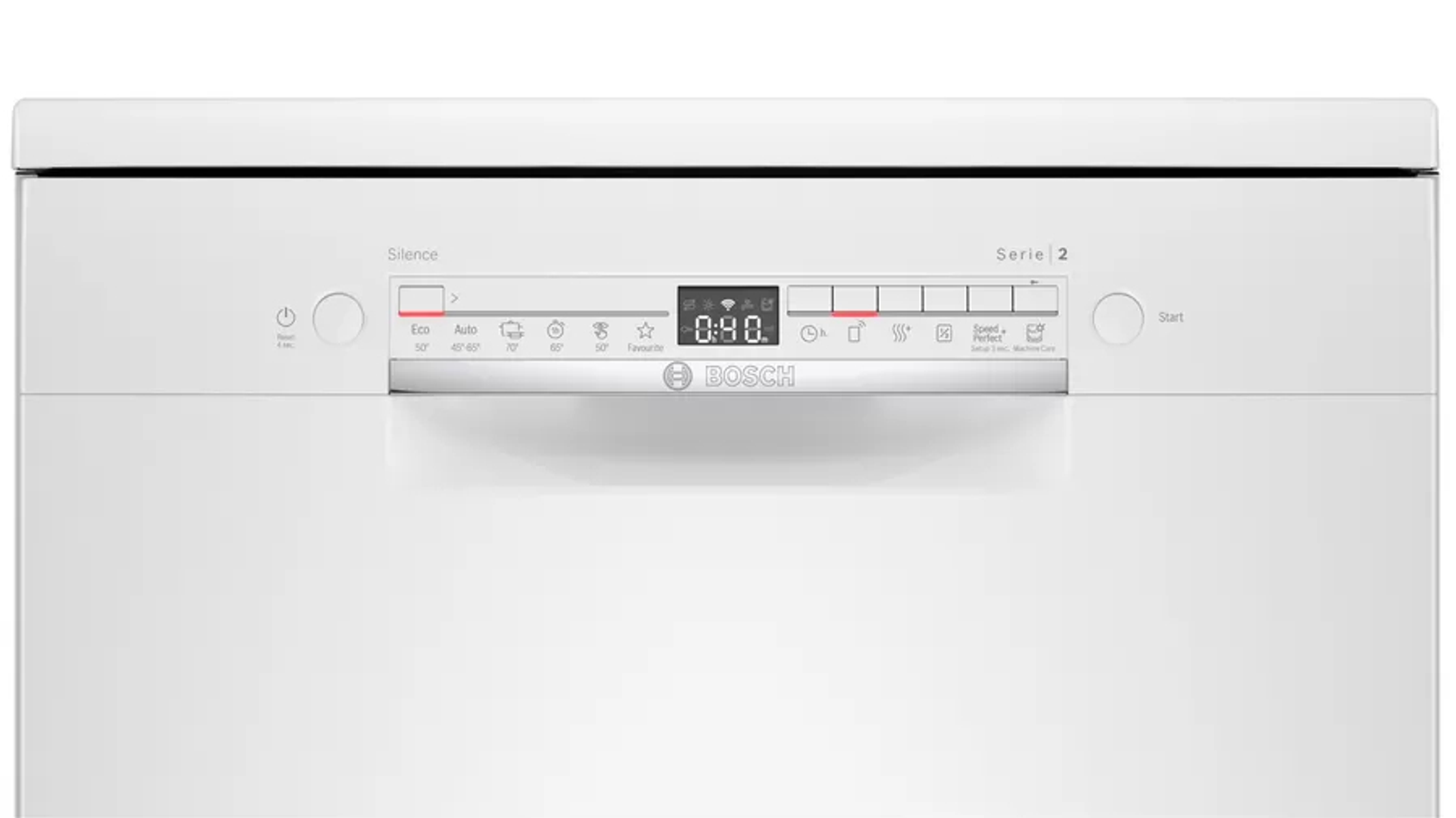 Frente de lavavajillas blanco con pantalla digital y botones de control. Logotipo de Bosch.