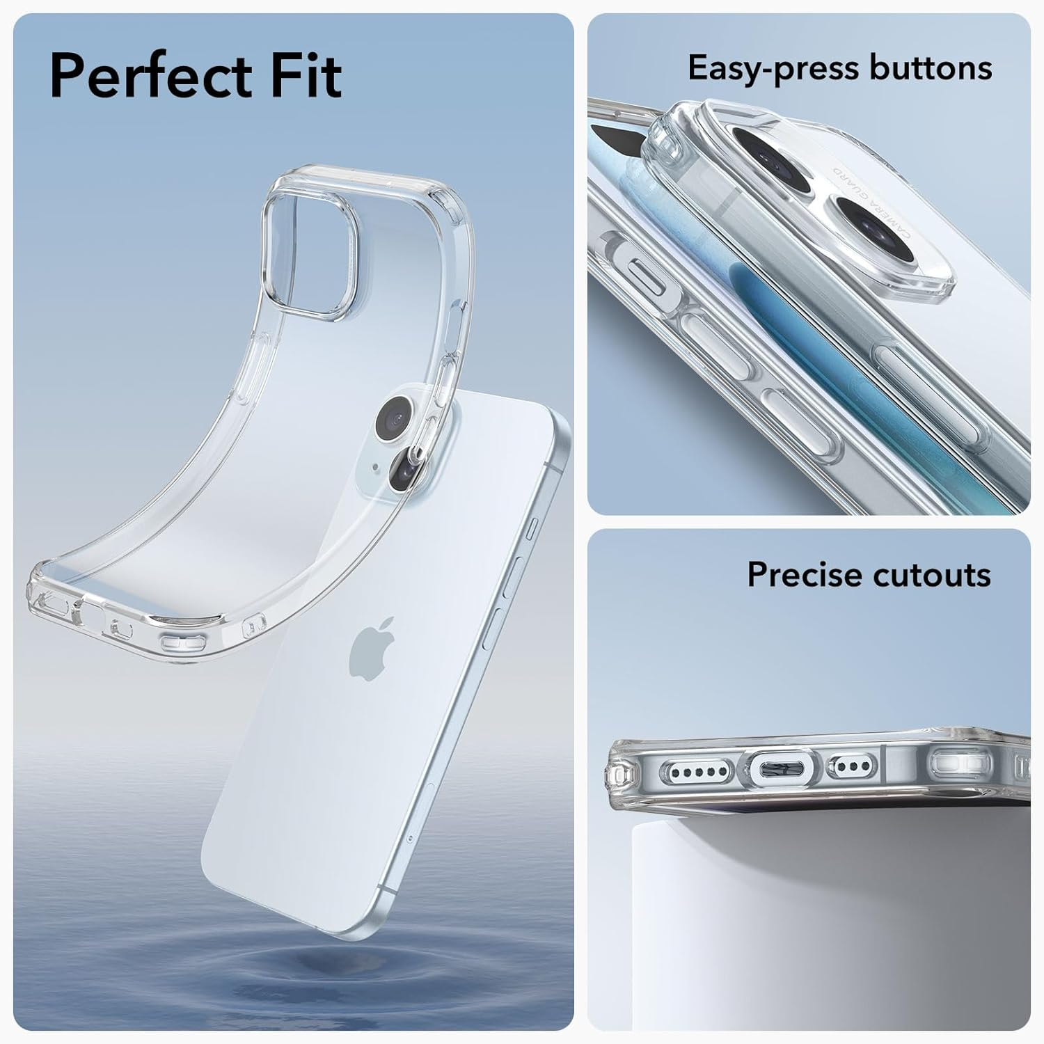 Transparente Handyhülle mit Telefon, mit Text 'Perfect Fit'.