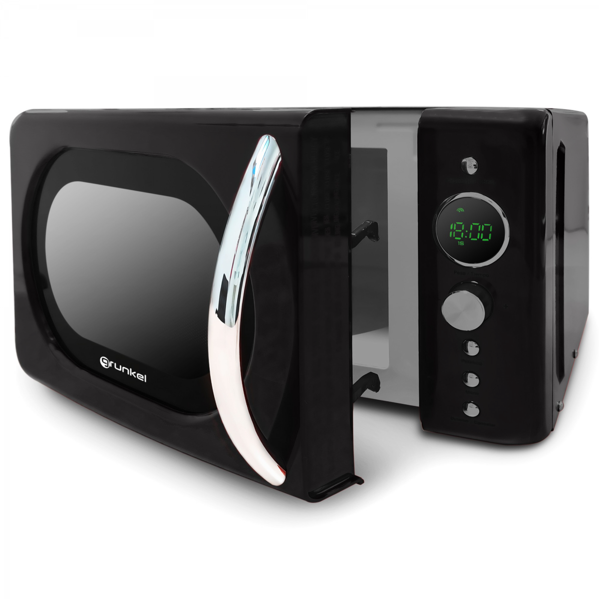 Un microondas Grunkel negro con la puerta abierta. Una pantalla digital muestra la hora.
