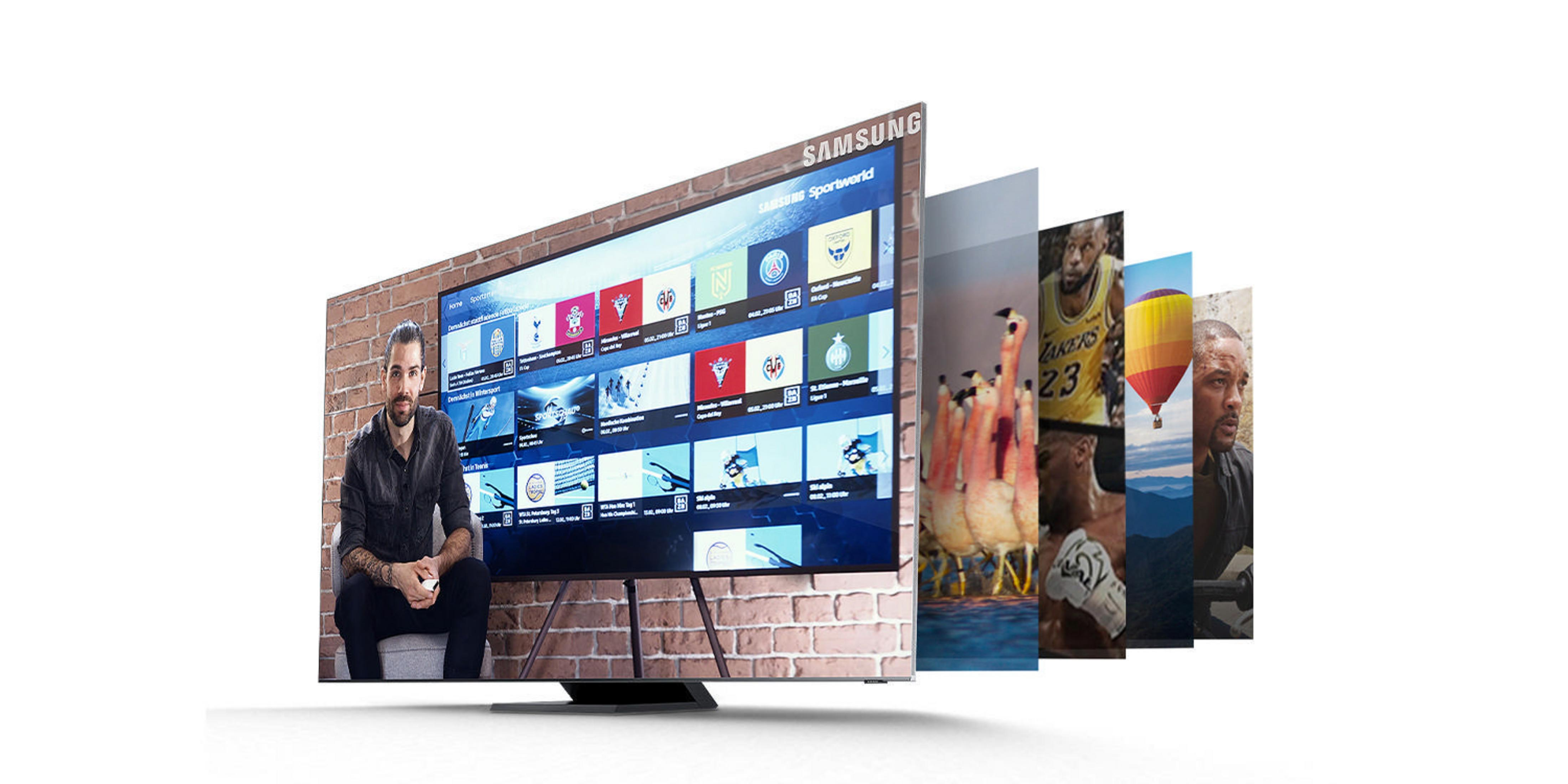 Telewizor wyświetlający wiele kanałów sportowych z osobą na pierwszym planie.