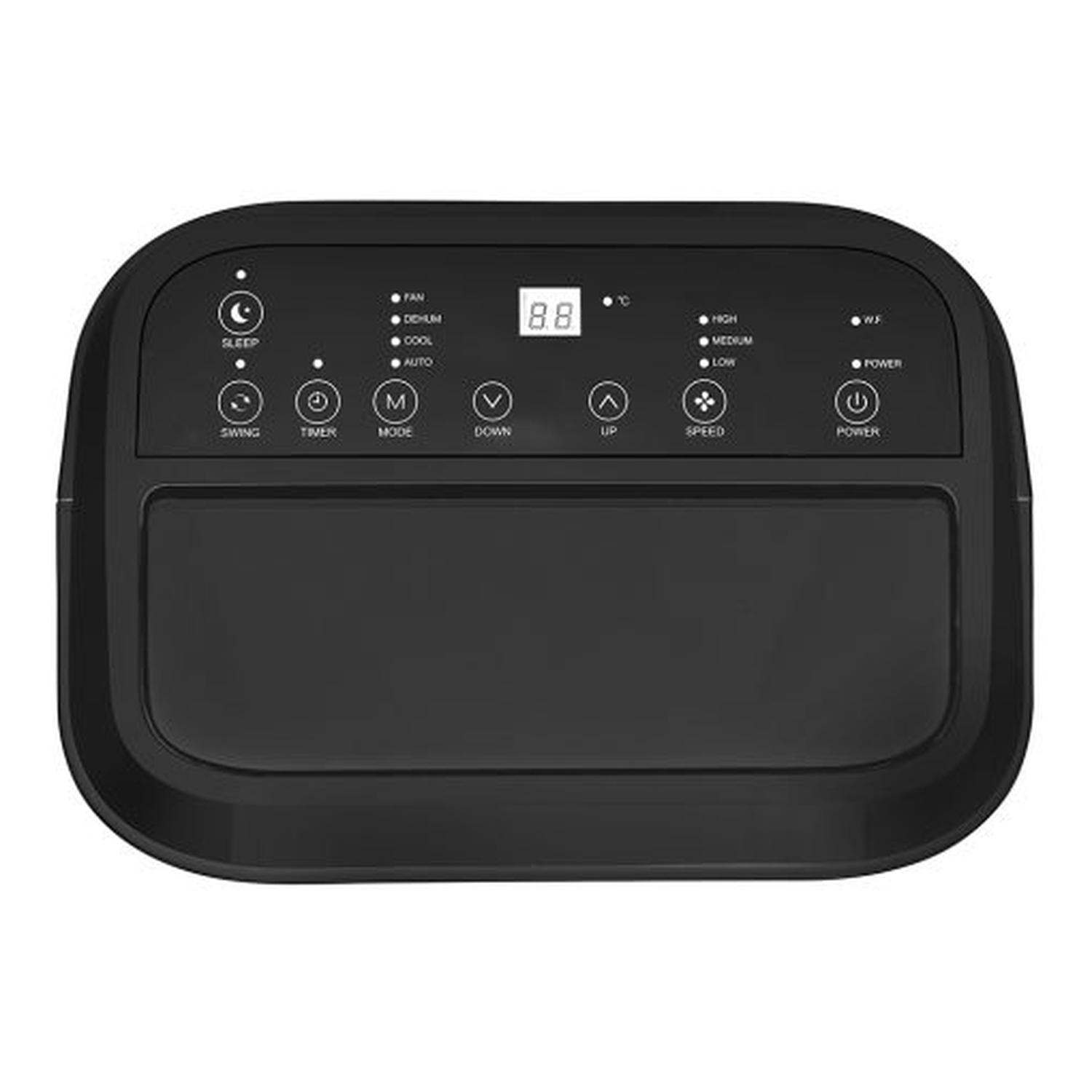 Panel de control negro con botones, pantalla digital e iconos de funciones.