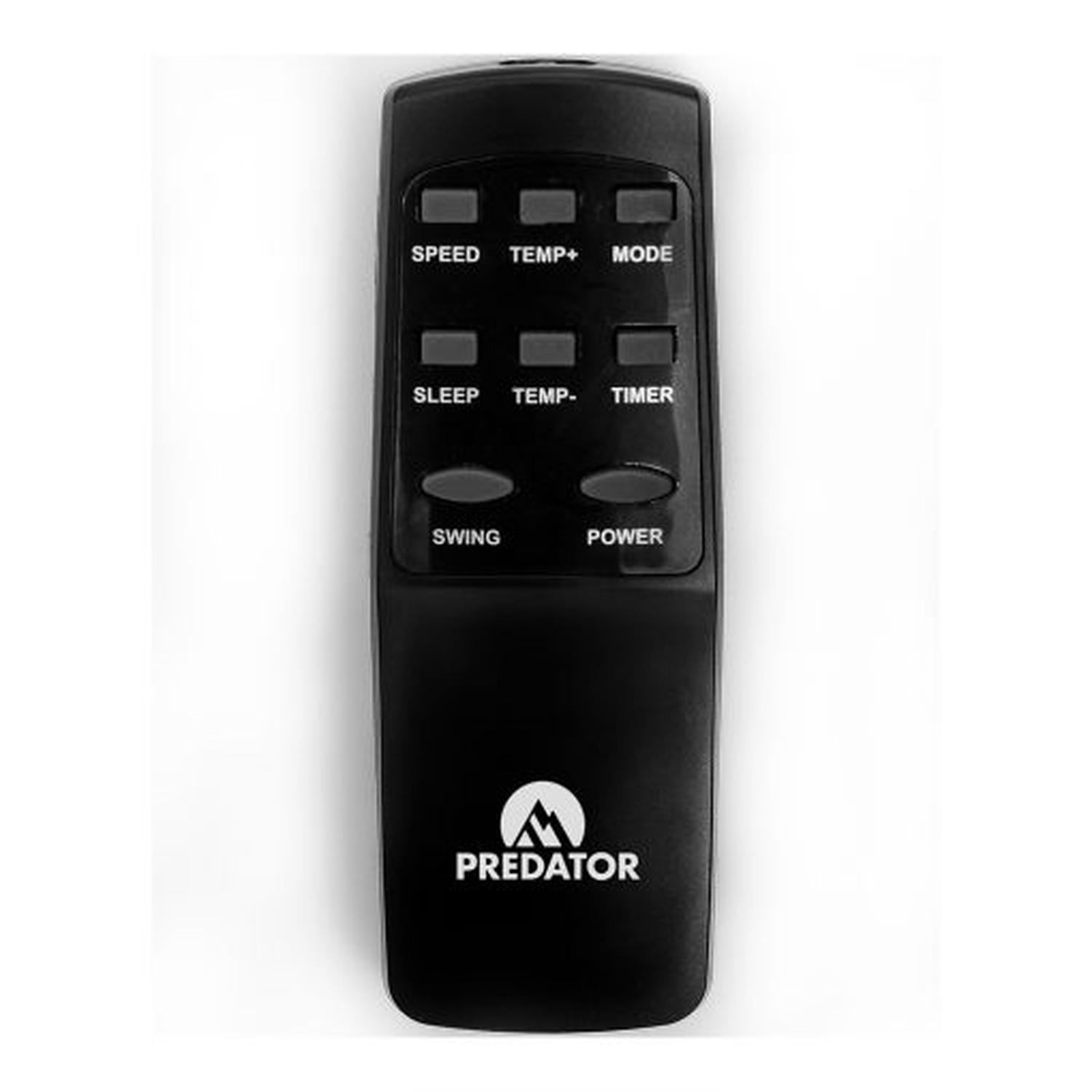 Mando a distancia negro con el logotipo de Predator y botones para velocidad, temperatura, modo, reposo, etc.