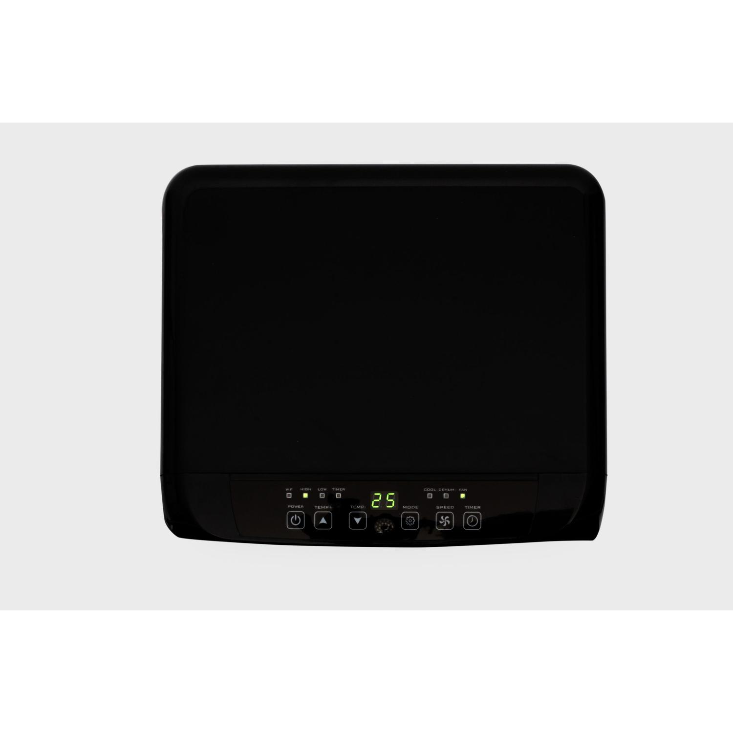Panel de control negro de un aire acondicionado portátil, con pantalla digital y botones.
