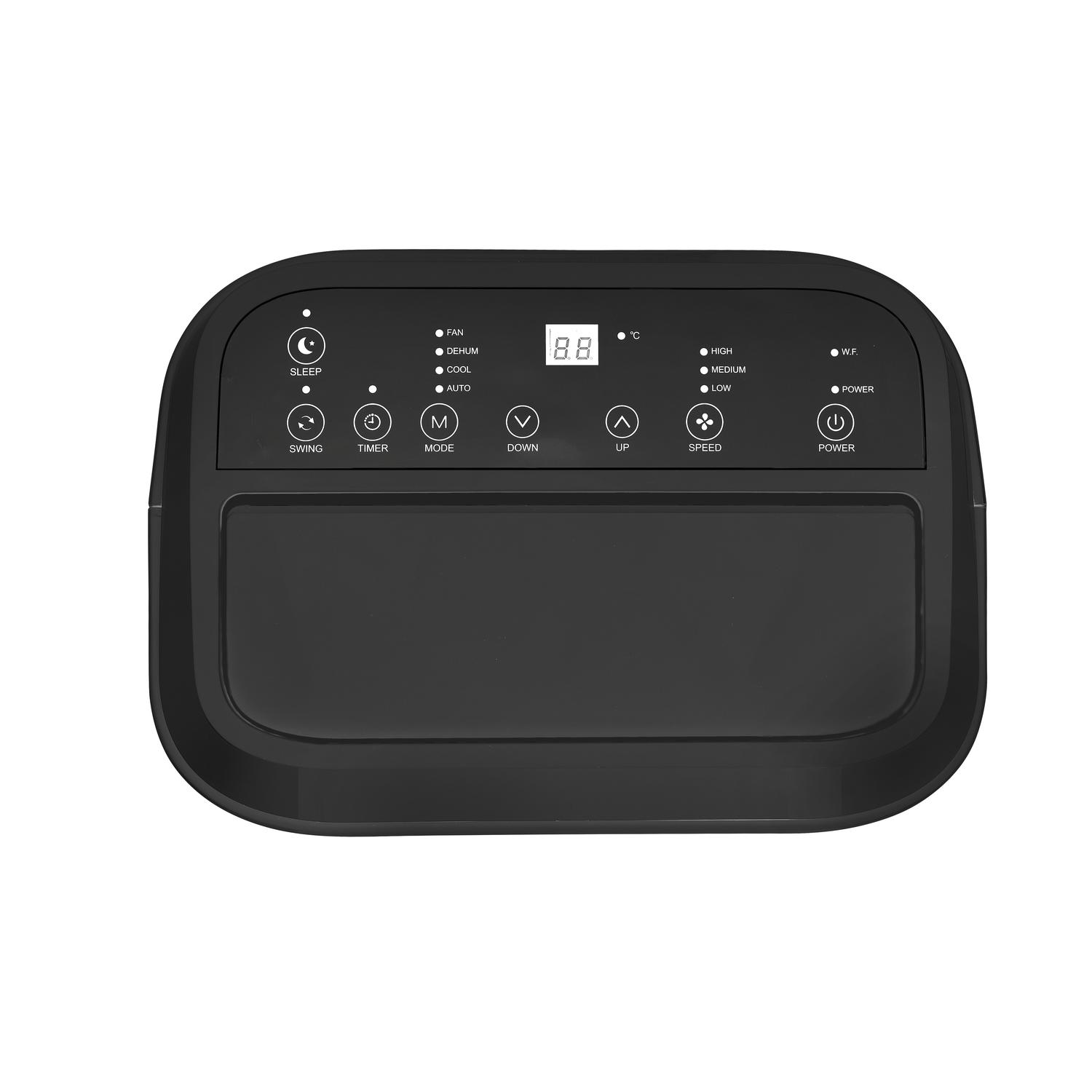 Enfriador de aire negro, panel de control arriba. Botones y pantalla, superficie negra, vista superior.