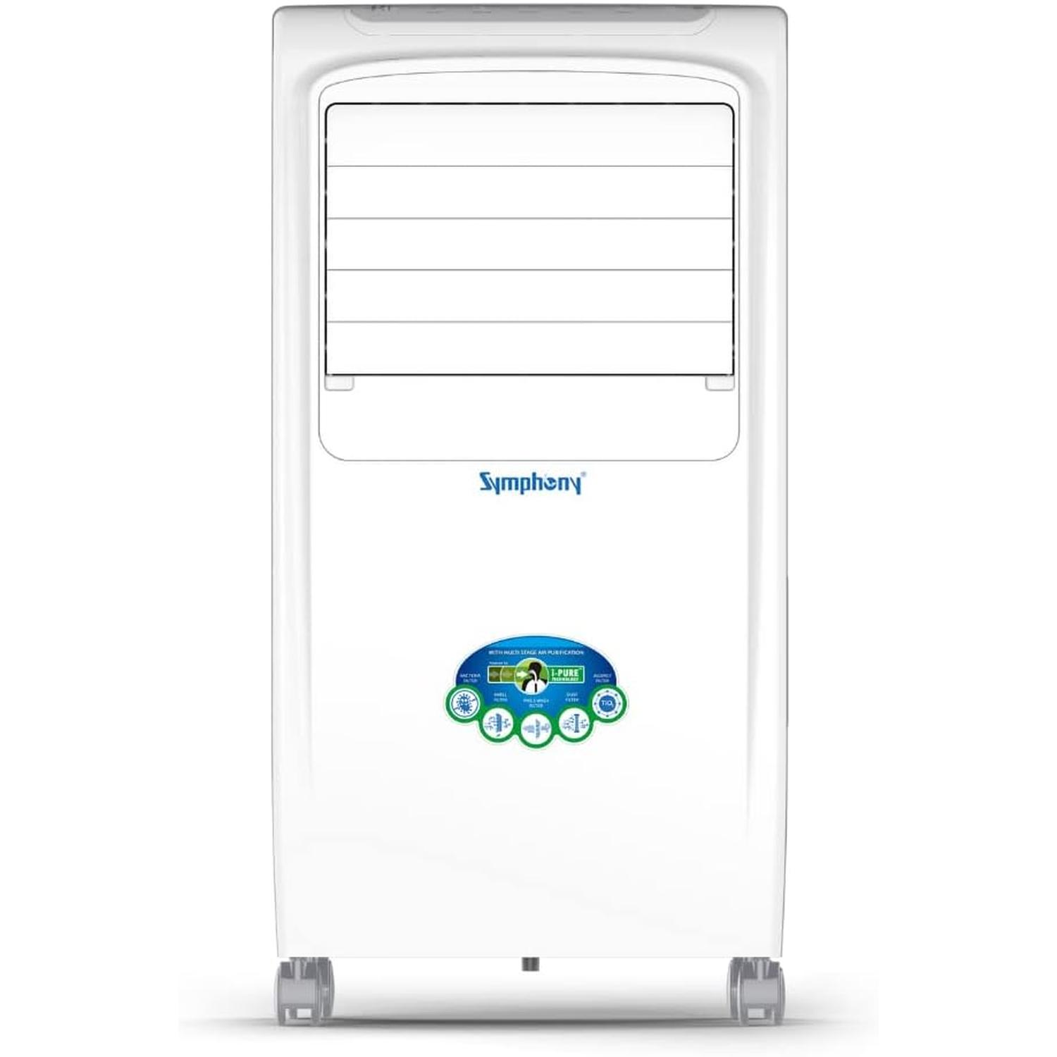 Enfriador de aire blanco con el logo Symphony y una pegatina azul y verde, sobre fondo blanco.
