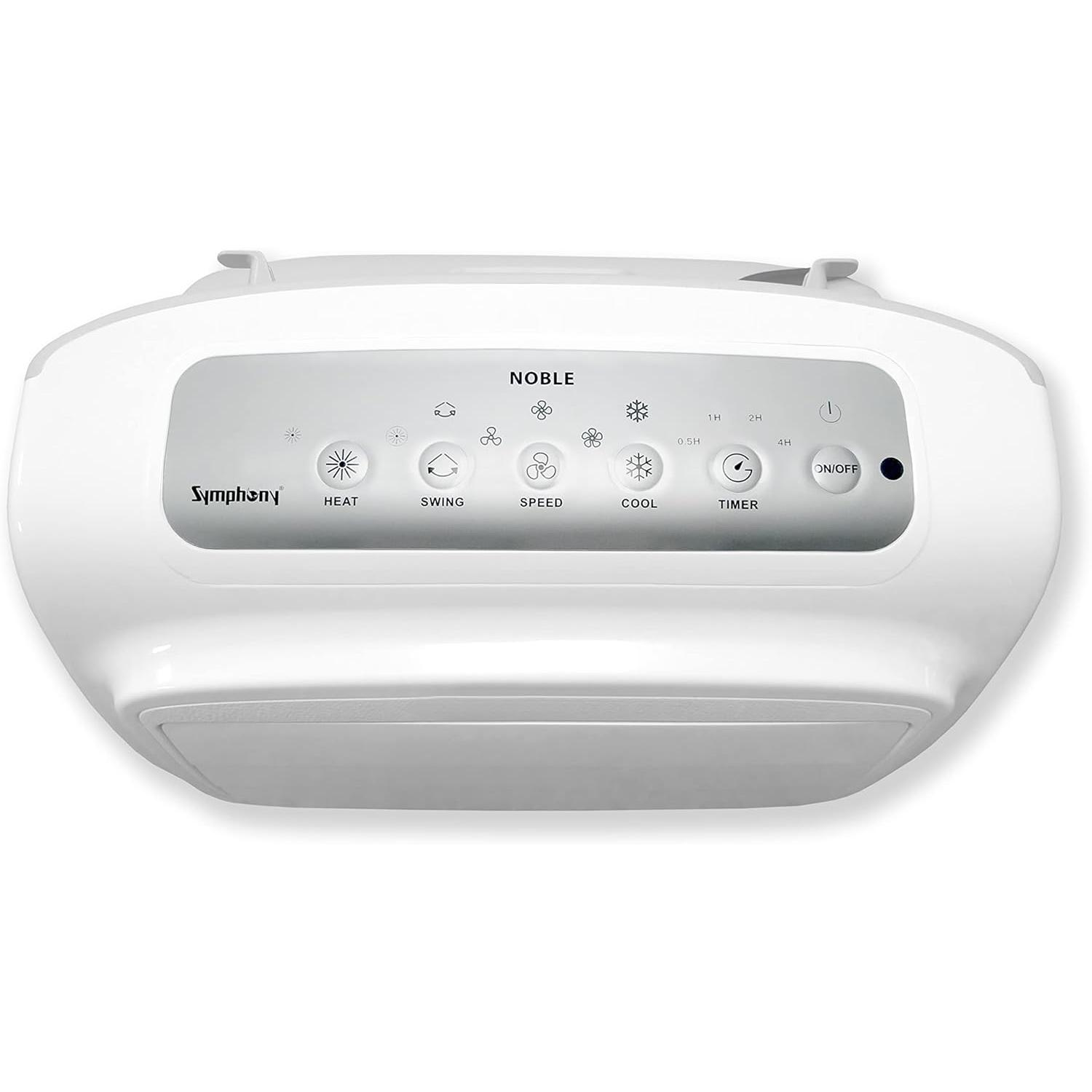 Panel de control de aire acondicionado blanco con texto e iconos.