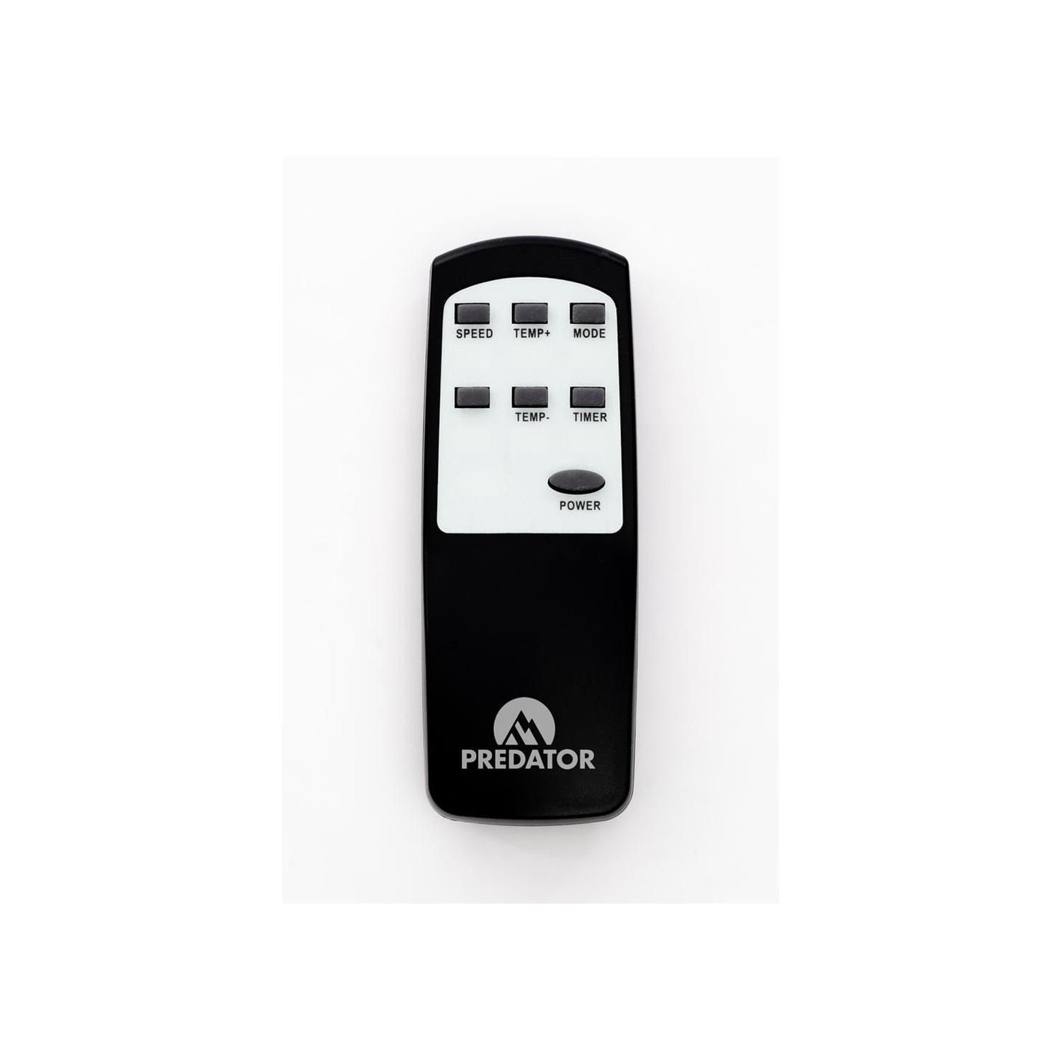 Mando a distancia negro con botones etiquetados: velocidad, temp., modo, temporizador.