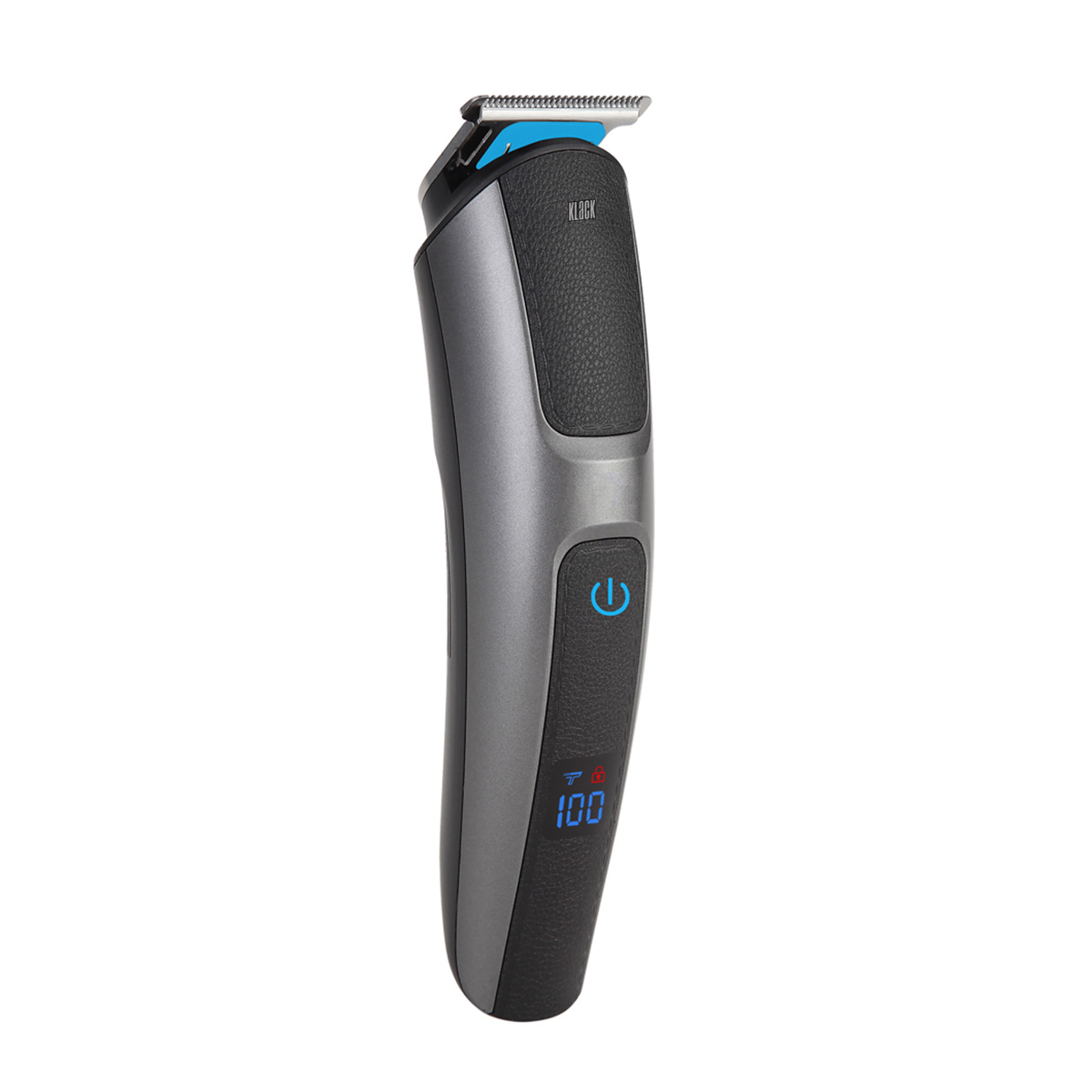 Recortadora de cabello eléctrica, gris y negro con pantalla azul.