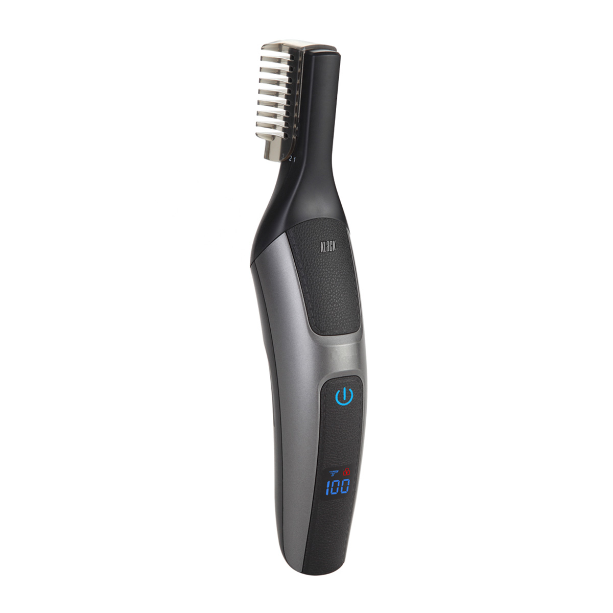 Recortadora de barba negra y gris con pantalla digital, botón de encendido y cuchilla.