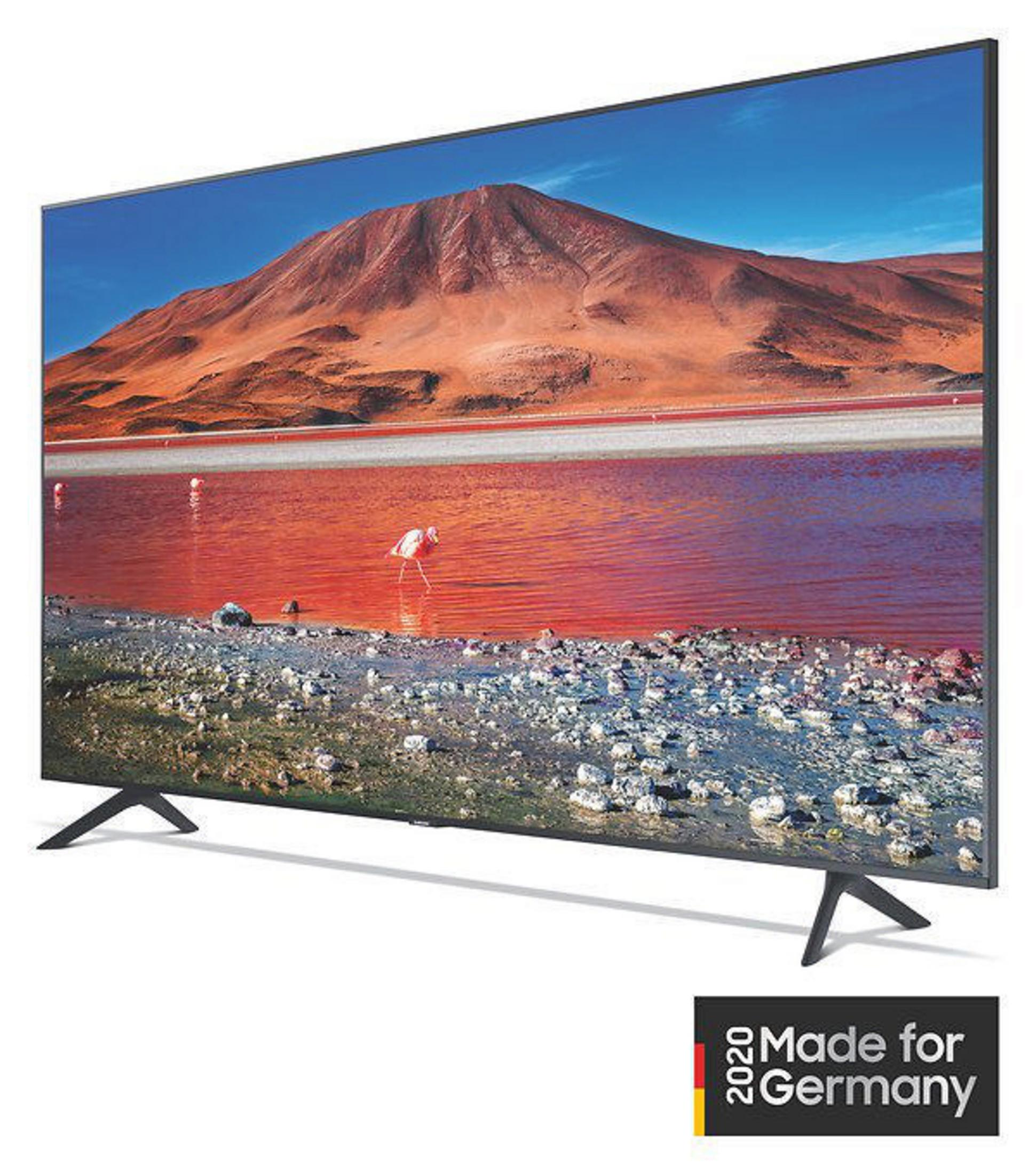 Ekran telewizora wyświetla krajobraz z czerwonym jeziorem i górą. Flaming stoi w jeziorze.