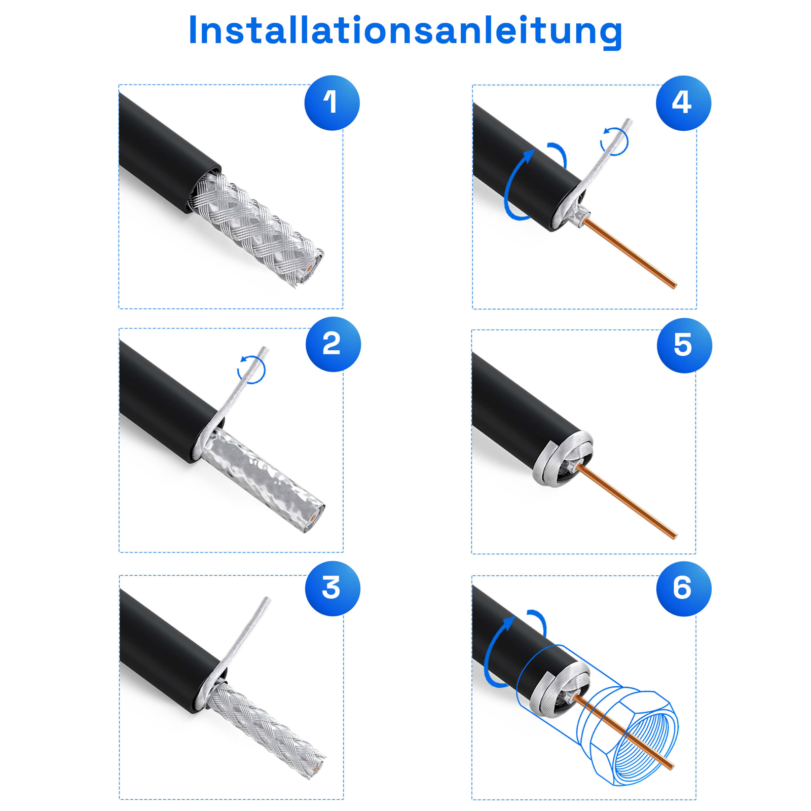 Installationsanleitung mit Schritten zum Anschließen eines Kabels. Enthält nummerierte Schritte und Nahaufnahmen.