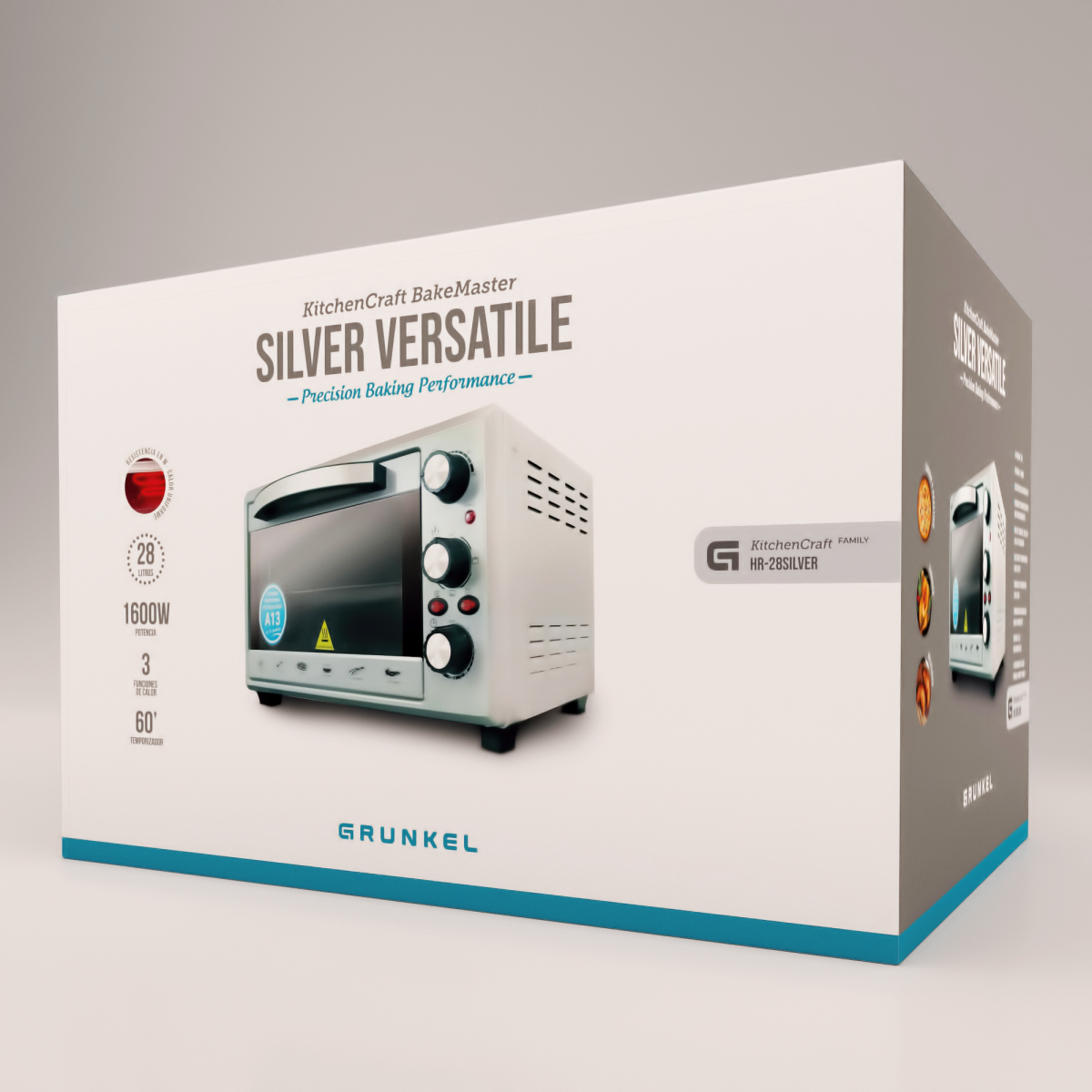 Scatola del forno Grunkel KitchenCraft BakeMaster, bianca con testo e immagini del prodotto.