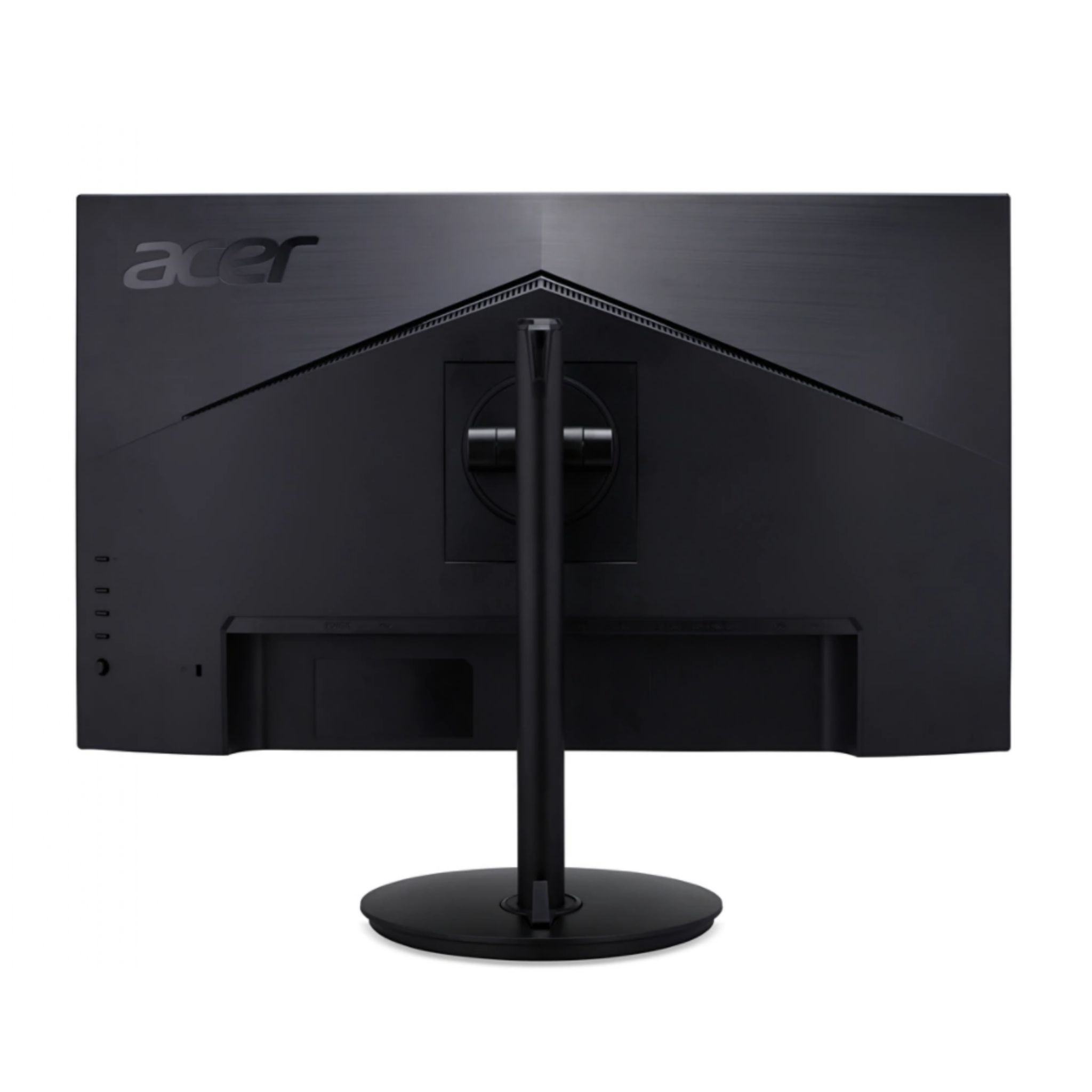 Il retro di un monitor per computer nero con il logo Acer e il supporto.