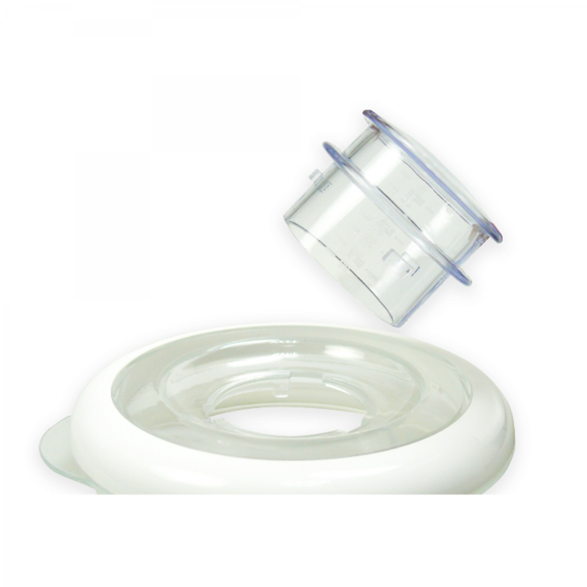 Dos piezas de plástico transparente. Una es un cilindro pequeño y la otra una base circular más grande.