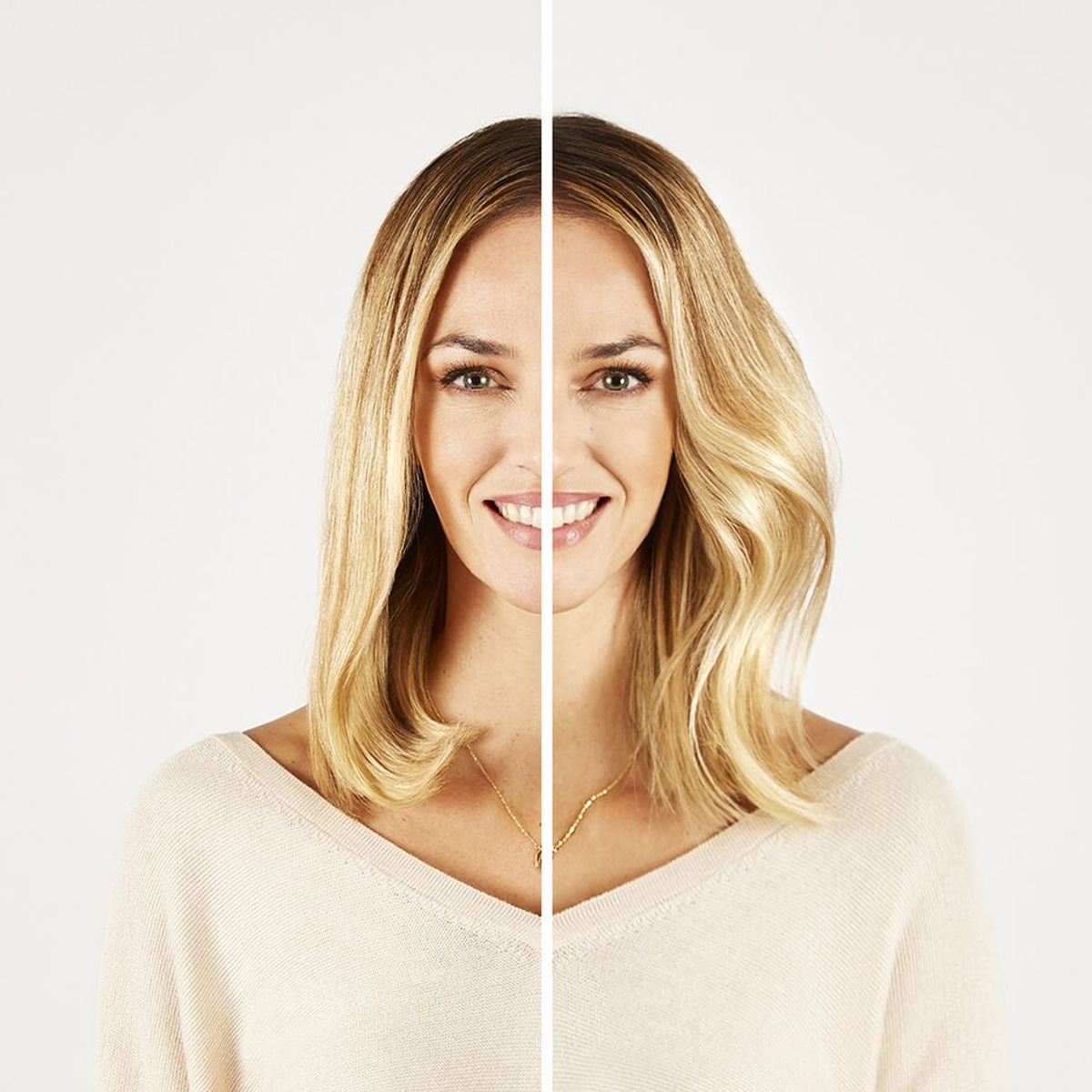 Kobieta z kręconymi włosami, w połowie ułożonymi i w połowie nie.