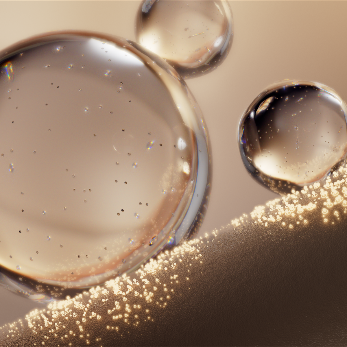 Zbliżenie przezroczystych sfer na neutralnym, ciepłym tle z błyszczącymi refleksami.